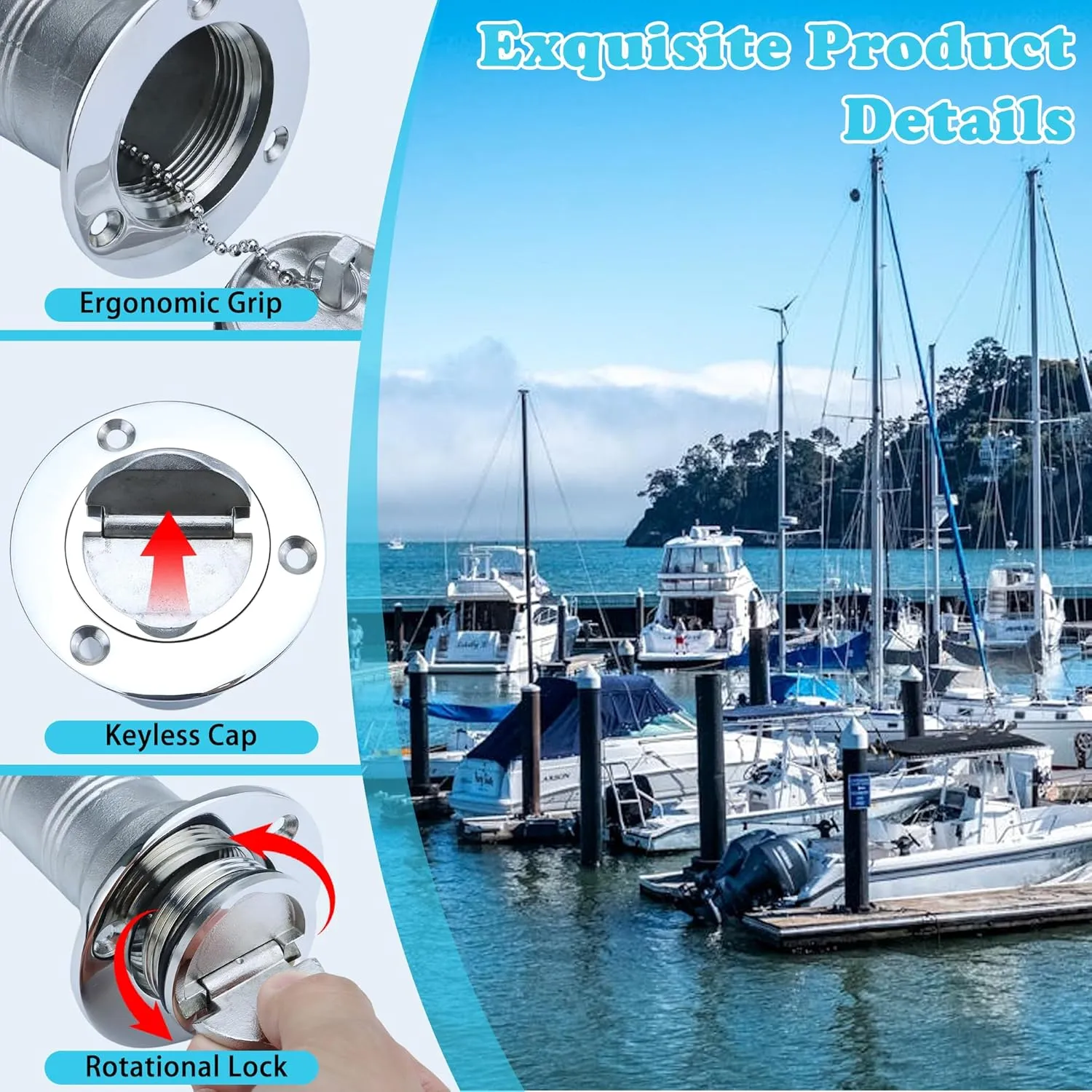 1-1/2" Marine Deck Fill/Filler - Fuel/Water/Waste/Gas/Diesel Boat Tank Filler with Keyless Cap & Screws, Polished Finish 316 Stainless Steel Hardware - for Yacht, Caravan