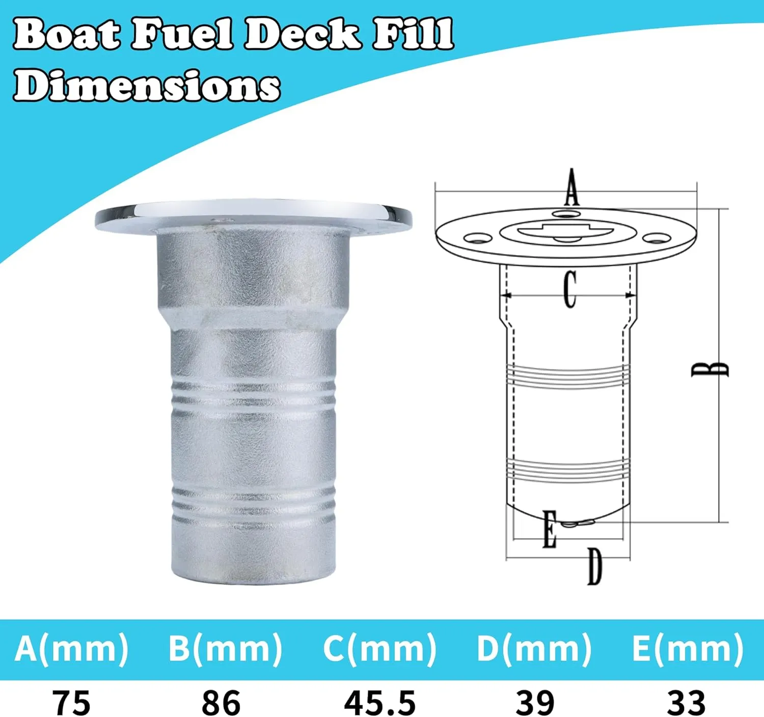 1-1/2" Marine Deck Fill/Filler - Fuel/Water/Waste/Gas/Diesel Boat Tank Filler with Keyless Cap & Screws, Polished Finish 316 Stainless Steel Hardware - for Yacht, Caravan
