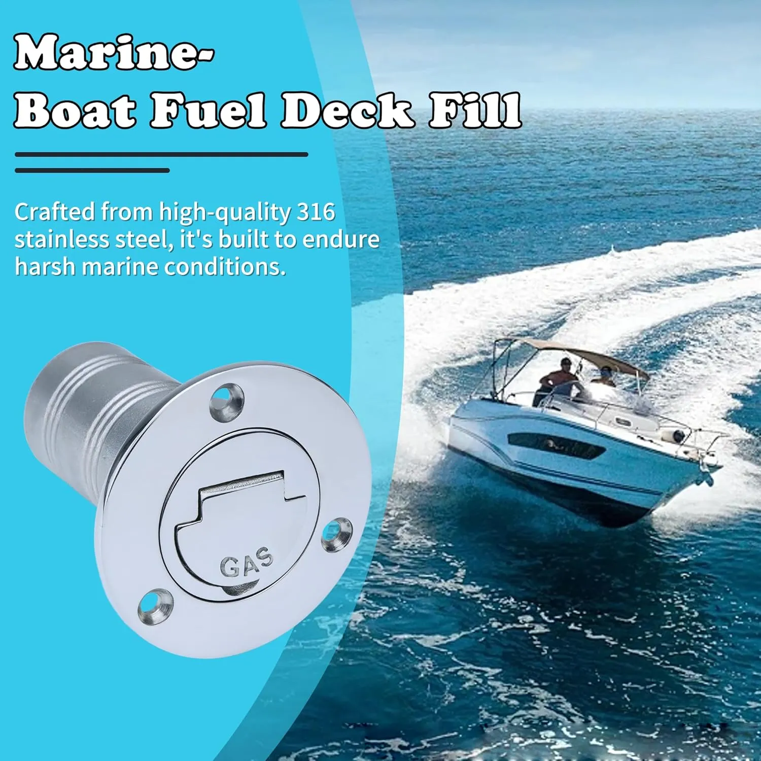 1-1/2" Marine Deck Fill/Filler - Fuel/Water/Waste/Gas/Diesel Boat Tank Filler with Keyless Cap & Screws, Polished Finish 316 Stainless Steel Hardware - for Yacht, Caravan