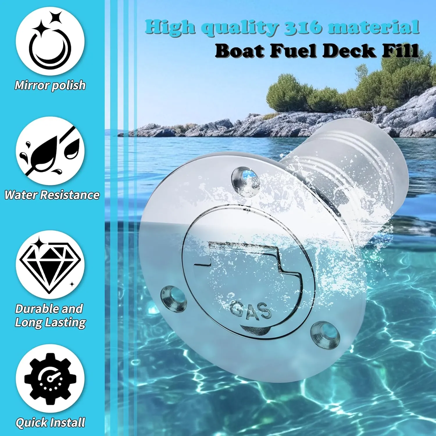 1-1/2" Marine Deck Fill/Filler - Fuel/Water/Waste/Gas/Diesel Boat Tank Filler with Keyless Cap & Screws, Polished Finish 316 Stainless Steel Hardware - for Yacht, Caravan
