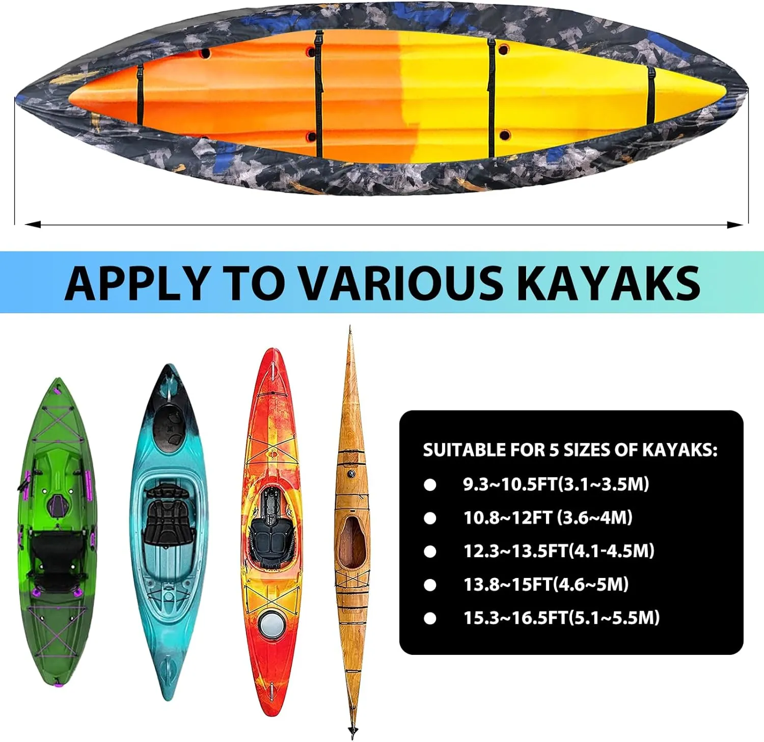 10-16FT Waterproof Kayak Covers for Outdoor Storage, Canoe Cover Accessories, Boat Cover Oxford Shade Marine Cockpit Dust Cover UV Protection Ultra Sunblock Shield for Fishing Boat Kayak Canoe