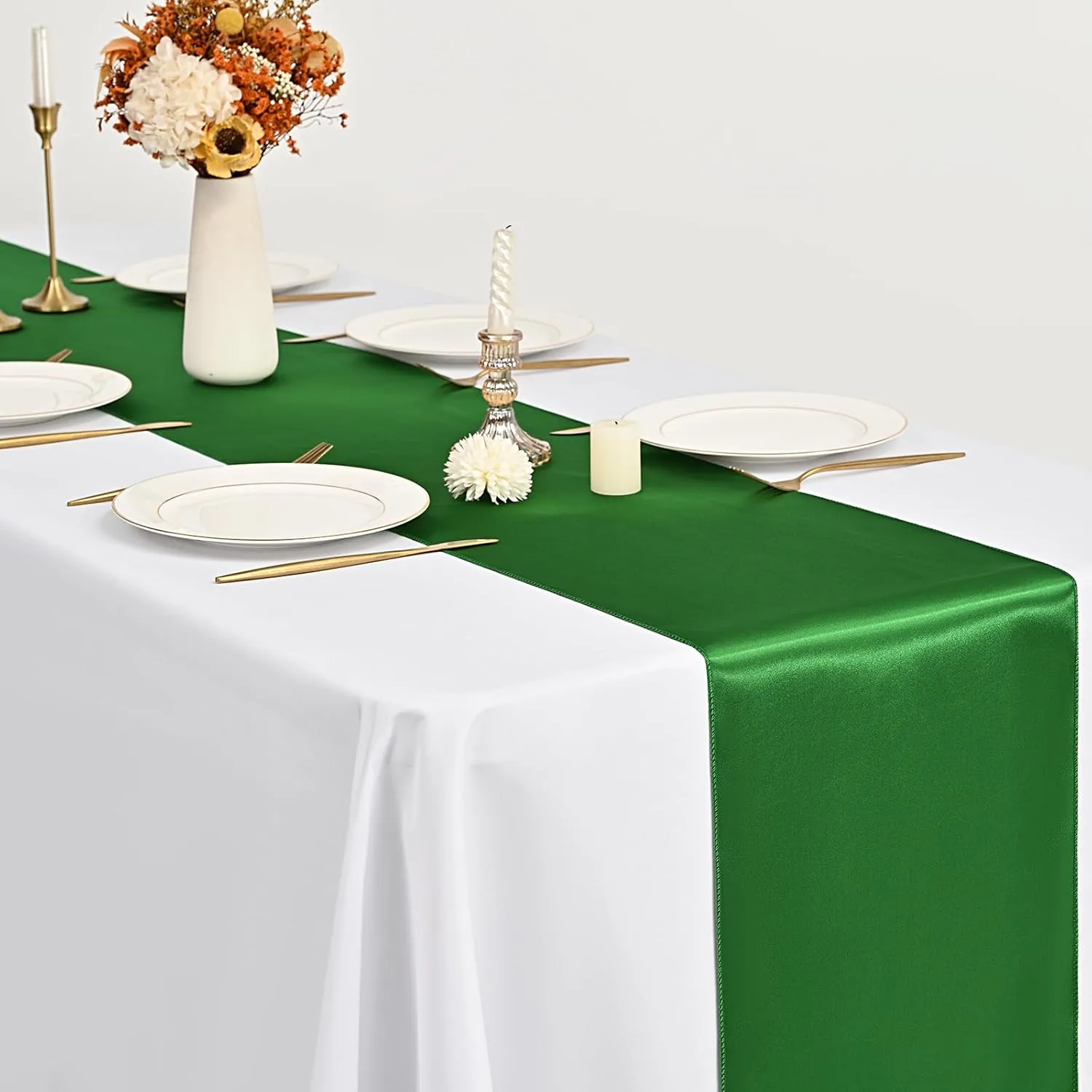 10-Pack Green 12 x 108 inches Long Premium Satin Table Runner for Wedding, Decorations for Birthday Parties, Banquets, Graduations, Engagements, Table Runners fit Rectange and Round Table
