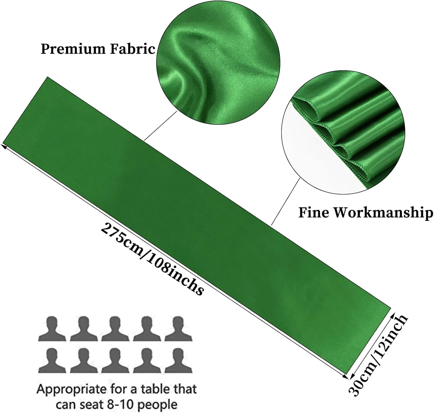 10-Pack Green 12 x 108 inches Long Premium Satin Table Runner for Wedding, Decorations for Birthday Parties, Banquets, Graduations, Engagements, Table Runners fit Rectange and Round Table