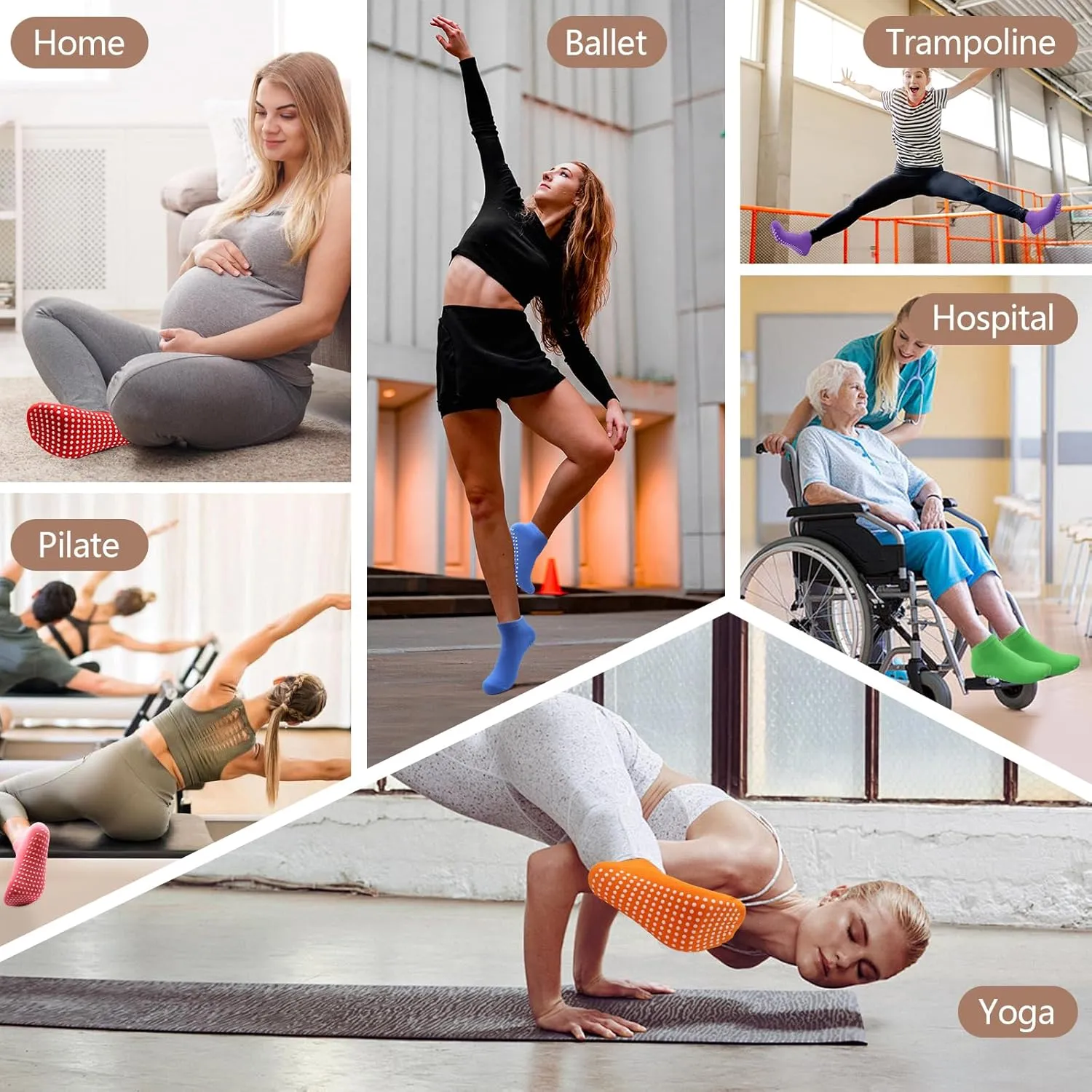 12 Pairs Pilate Grip Socks for Women Anti-Skid Yoga Socks with Grips Solid Color Bulk Ankle Socks for home