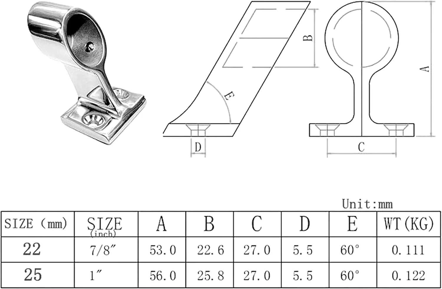 1/2 Pcs 60° Marine Boat 316 Stainless Steel 7/8" Hand Rail Fitting Left Front Support Bracket Stanchion Hardware for 22mm Tube