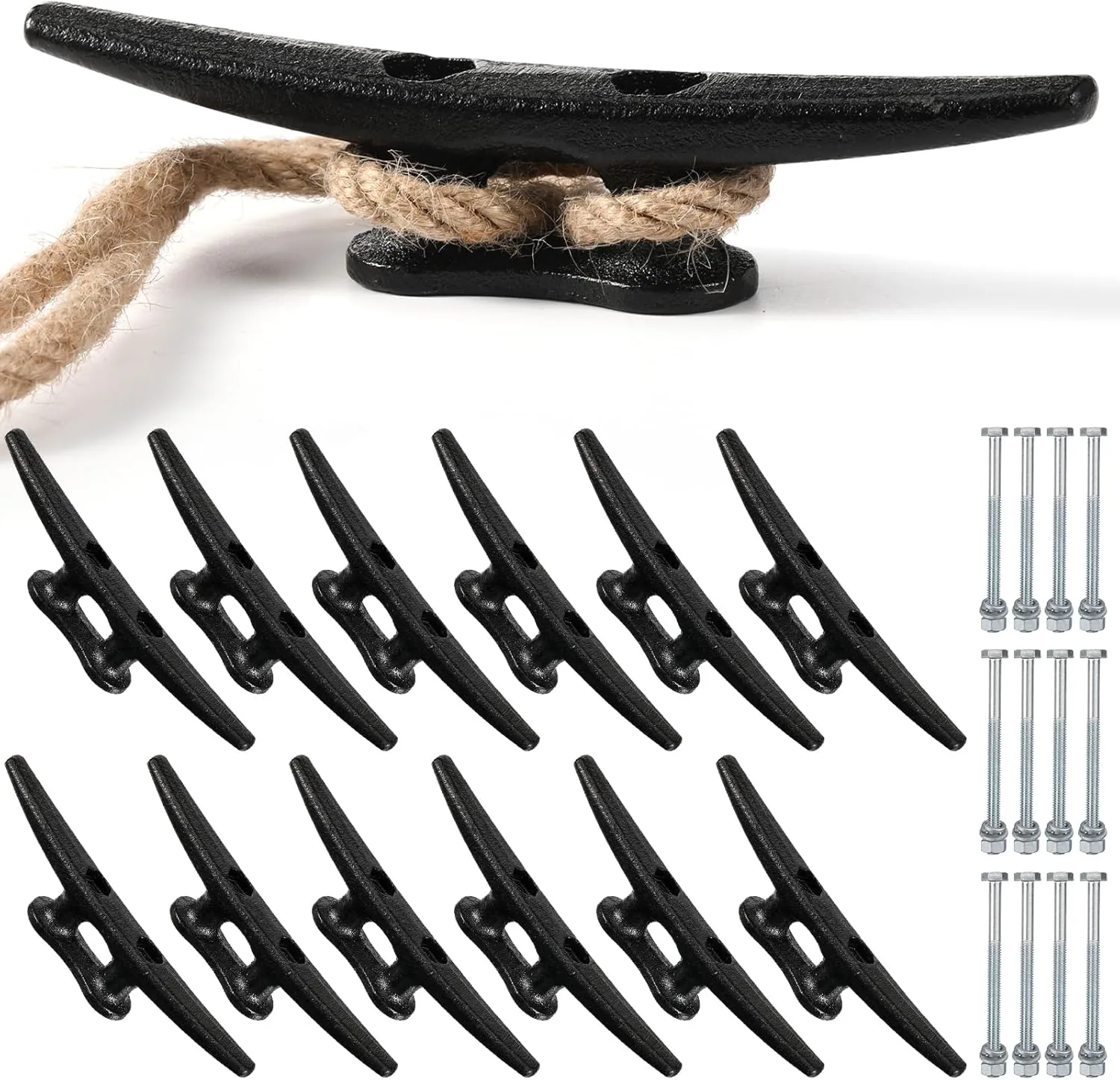 12 Pcs Boat Cleat Open Base Dock Cleat Hot Dipped Galvanized Cast Iron Rope Hardware Include Installation Accessories Screws for Boat Docks, Decks, Marine, Kayak