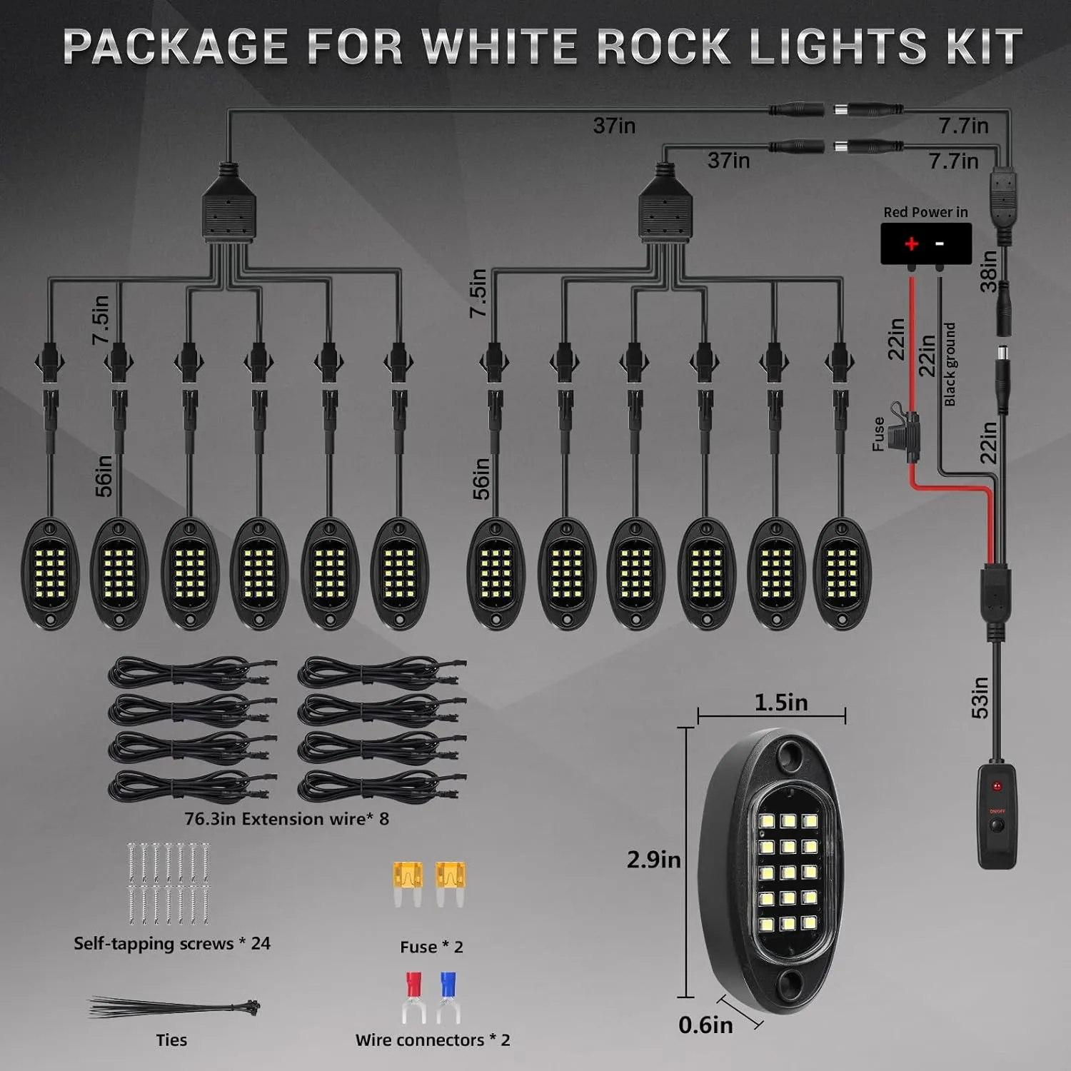 12 Pods Pure White LED Rock Lights with Extension Wires, 6500K Super Bright White Underglow Kit for Truck Trailer Offroad Pickup SXS UTV, IP68 Waterproof Shockproof Under Trailer Lighting