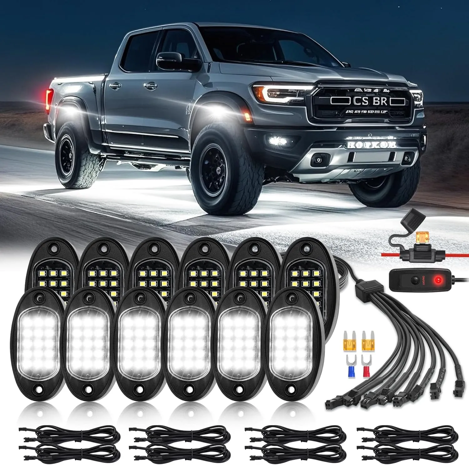 12 Pods Pure White LED Rock Lights with Extension Wires, 6500K Super Bright White Underglow Kit for Truck Trailer Offroad Pickup SXS UTV, IP68 Waterproof Shockproof Under Trailer Lighting
