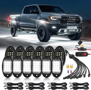 12 Pods Pure White LED Rock Lights with Extension Wires, 6500K Super Bright White Underglow Kit for Truck Trailer Offroad Pickup SXS UTV, IP68 Waterproof Shockproof Under Trailer Lighting