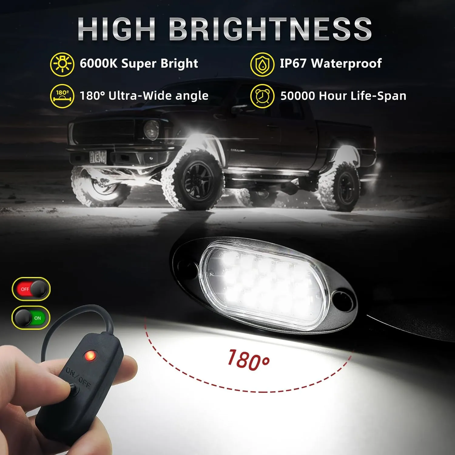 12 Pods Pure White LED Rock Lights with Extension Wires, 6500K Super Bright White Underglow Kit for Truck Trailer Offroad Pickup SXS UTV, IP68 Waterproof Shockproof Under Trailer Lighting