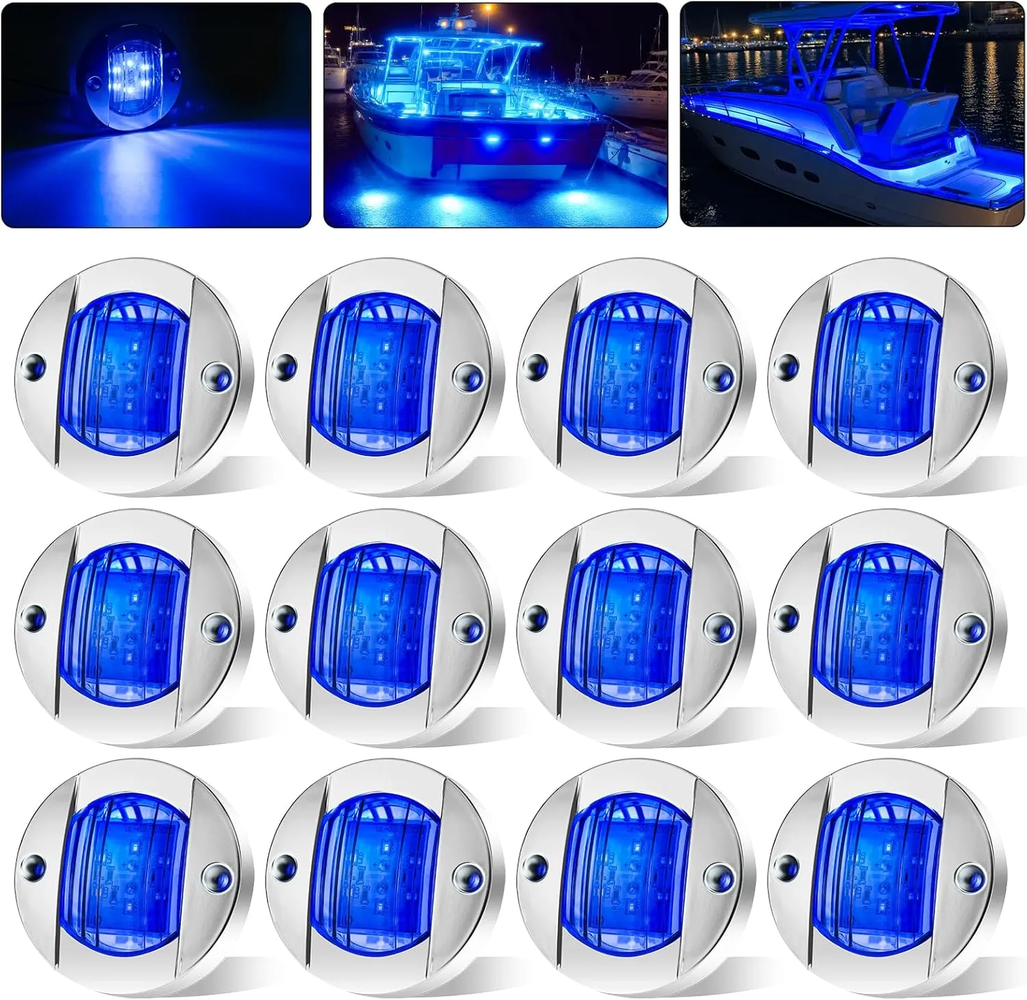 12Pack DC12V 3" Round Marine Boat LED Navigation Lights Stern Anchor Transom Deck Courtesy Light Interior Lamp Waterproof for Pontoon Kayak Sailboat Fishing Boat - Blue