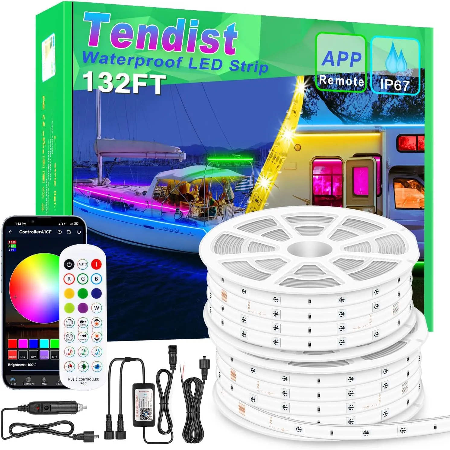 132ft Marine LED Strip Lights - 12V App Control RGB Waterproof Pontoon Boat Light for Interior & Exterior, Night Fishing for Jon Boat, Yacht, Kayak, Deck
