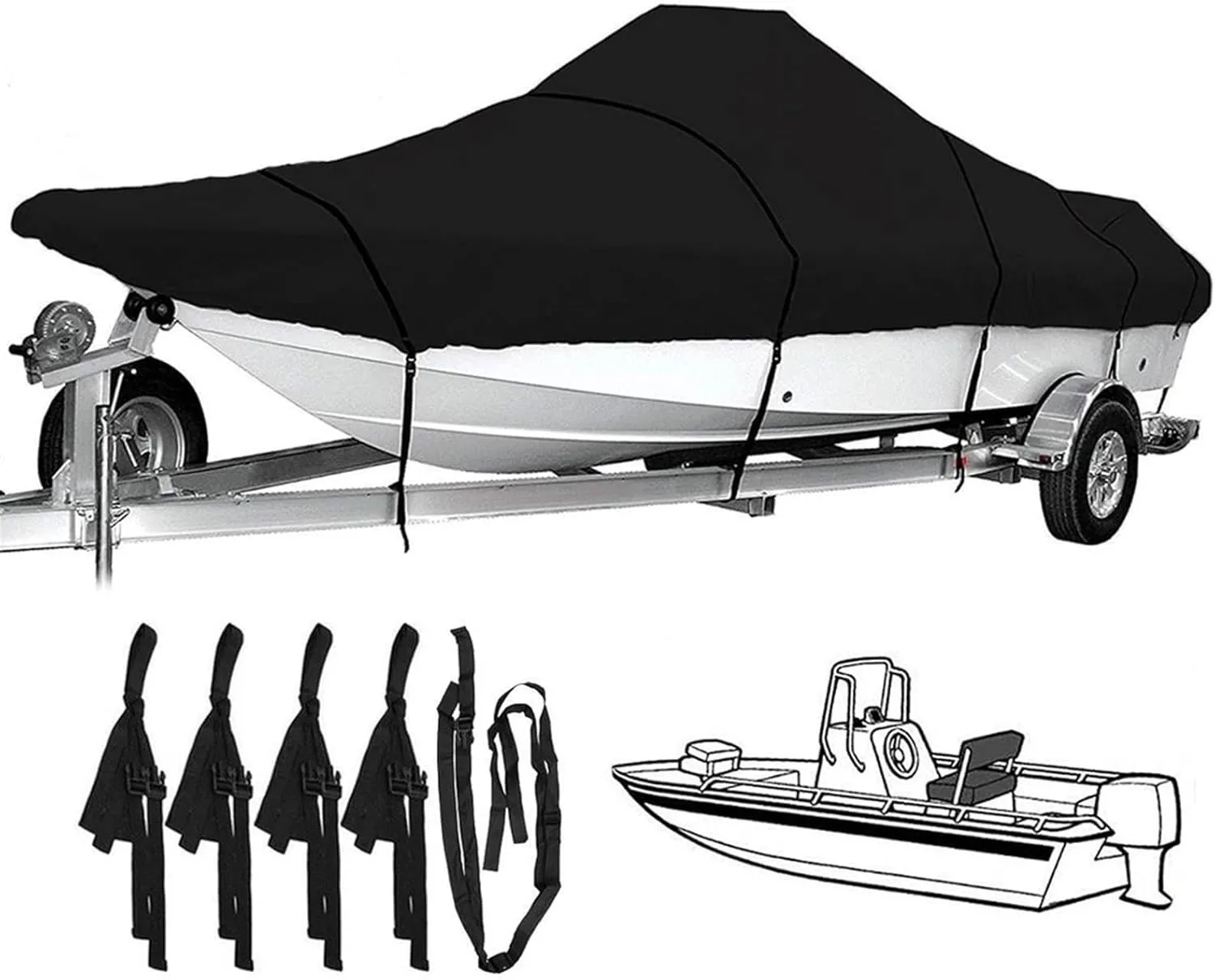 17ft-25ft Heavy-Duty Trailerable Boat Cover 600D Waterproof Fish-Ski V-Hull Boat Mooring Cover Dust-Proof Anti-UV Protection(21-23ft)
