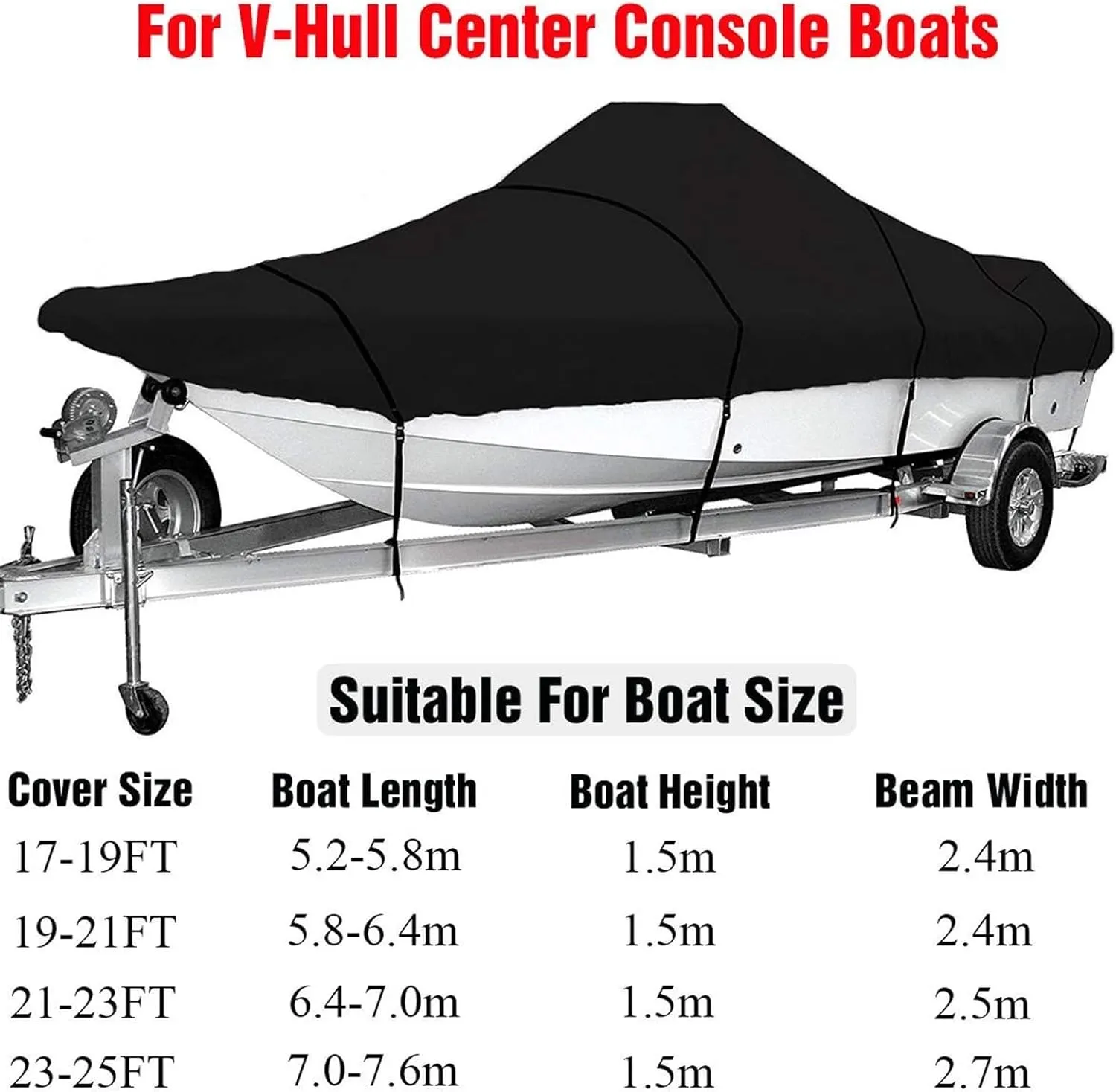 17ft-25ft Heavy-Duty Trailerable Boat Cover 600D Waterproof Fish-Ski V-Hull Boat Mooring Cover Dust-Proof Anti-UV Protection(21-23ft)