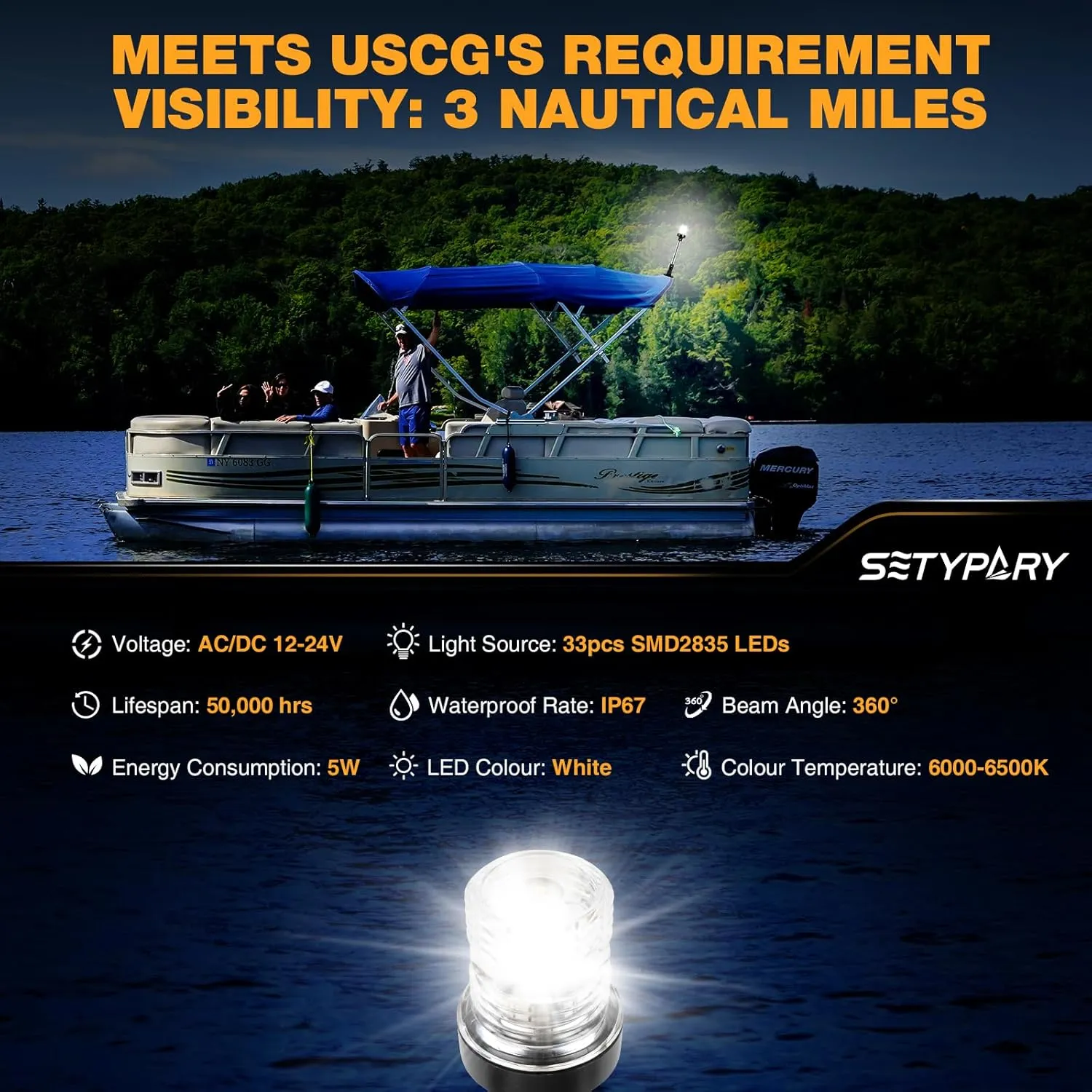 18 Inches Stern Light LED Anchor Light for Boats Waterproof IP67, 3 Nautical Mile White Fold Down Boat Navigation Lights, Pontoon Boat Lights for Marine, Jon Boat, and Fishing Boats(12~24V)