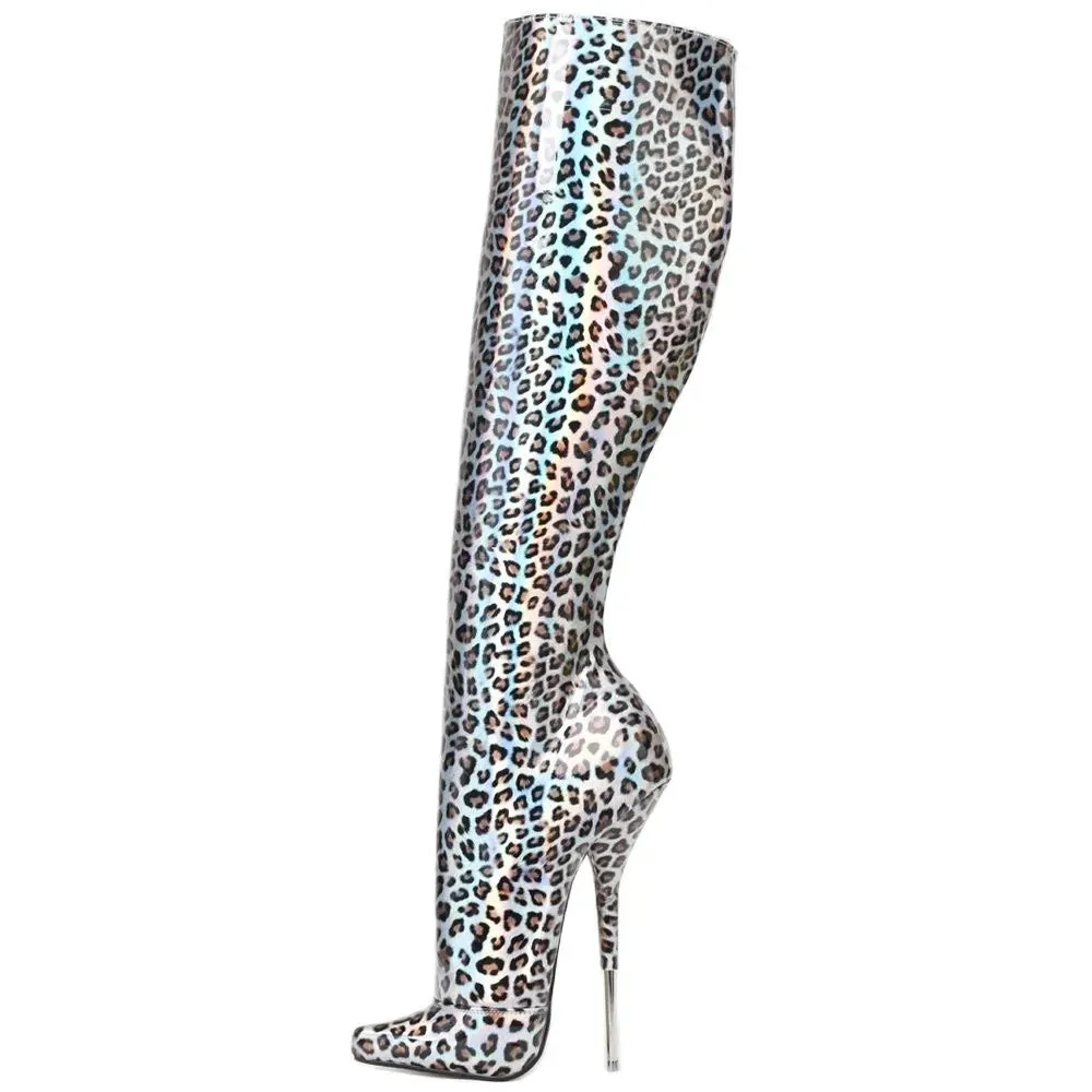 18CM Super High Heel Women Sexy Leopard Print Metal Thin Heels  Knee-high Boots