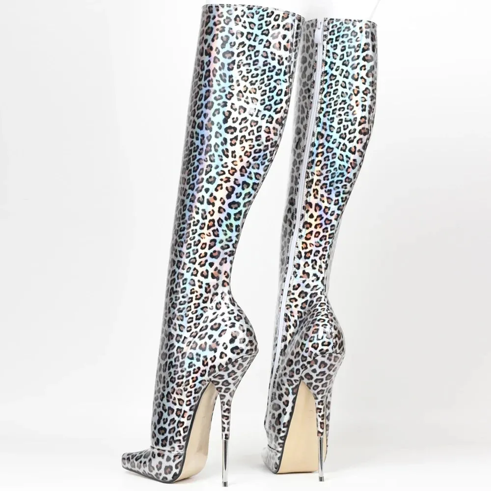 18CM Super High Heel Women Sexy Leopard Print Metal Thin Heels  Knee-high Boots