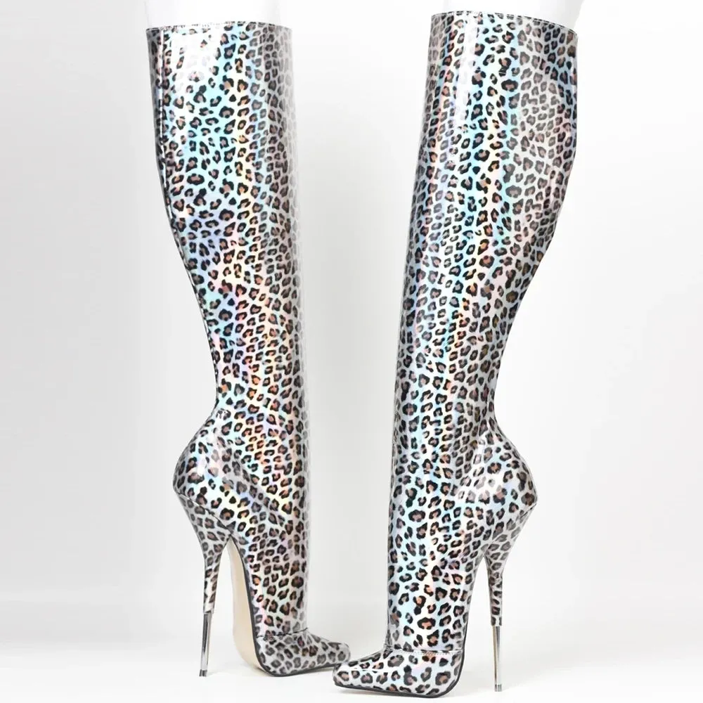 18CM Super High Heel Women Sexy Leopard Print Metal Thin Heels  Knee-high Boots