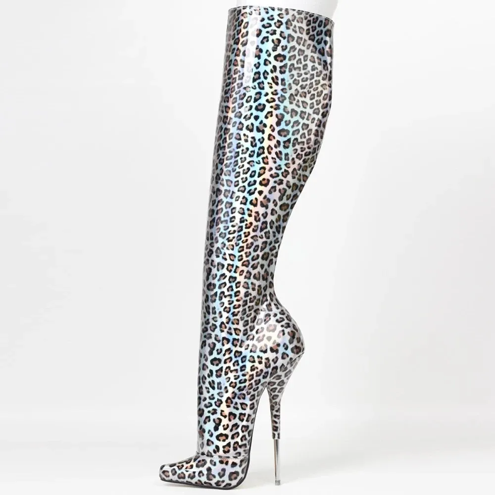 18CM Super High Heel Women Sexy Leopard Print Metal Thin Heels  Knee-high Boots