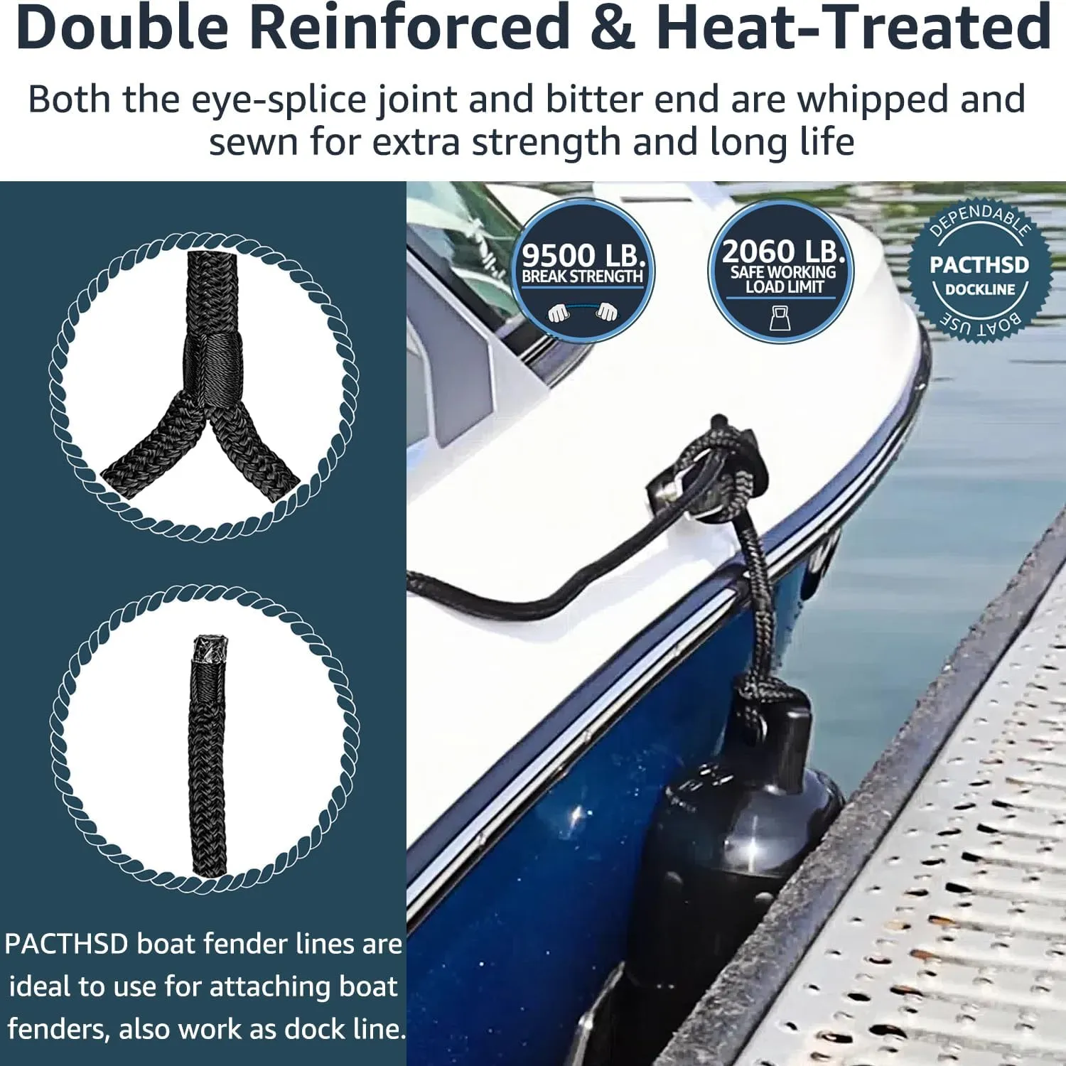 2 Pack 5/8" x 10' Boat Fender Lines - Marine Grade Nylon Boat Rope with 12" Loop for Docking and Tying Fenders - Double Braided Dock Lines, High Strength, Easy Handling, Fray Resistant - Black