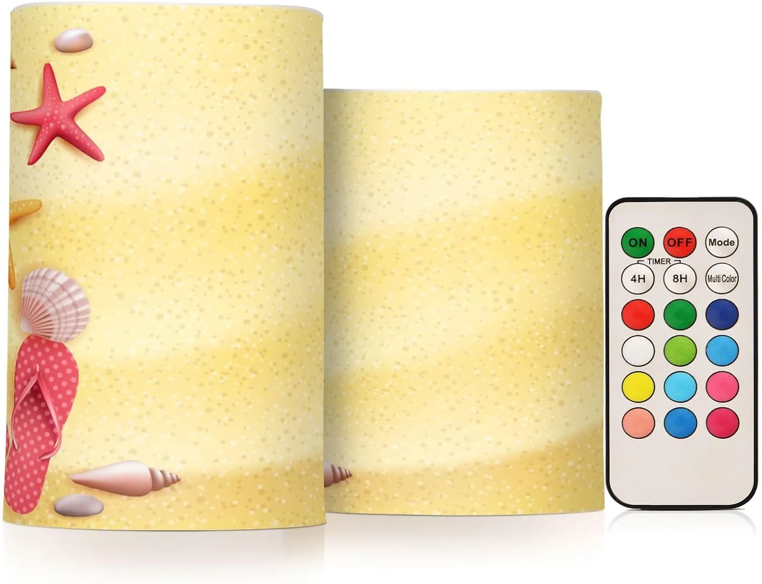 2 Pack Summer Sand Beach Starfish Flameless Candles Holiday Seashell Slipper Flameless Votive Candles LED Battery Operated with Remote Timer 3D Moving Flame Pillar Candles Flickering