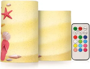 2 Pack Summer Sand Beach Starfish Flameless Candles Holiday Seashell Slipper Flameless Votive Candles LED Battery Operated with Remote Timer 3D Moving Flame Pillar Candles Flickering