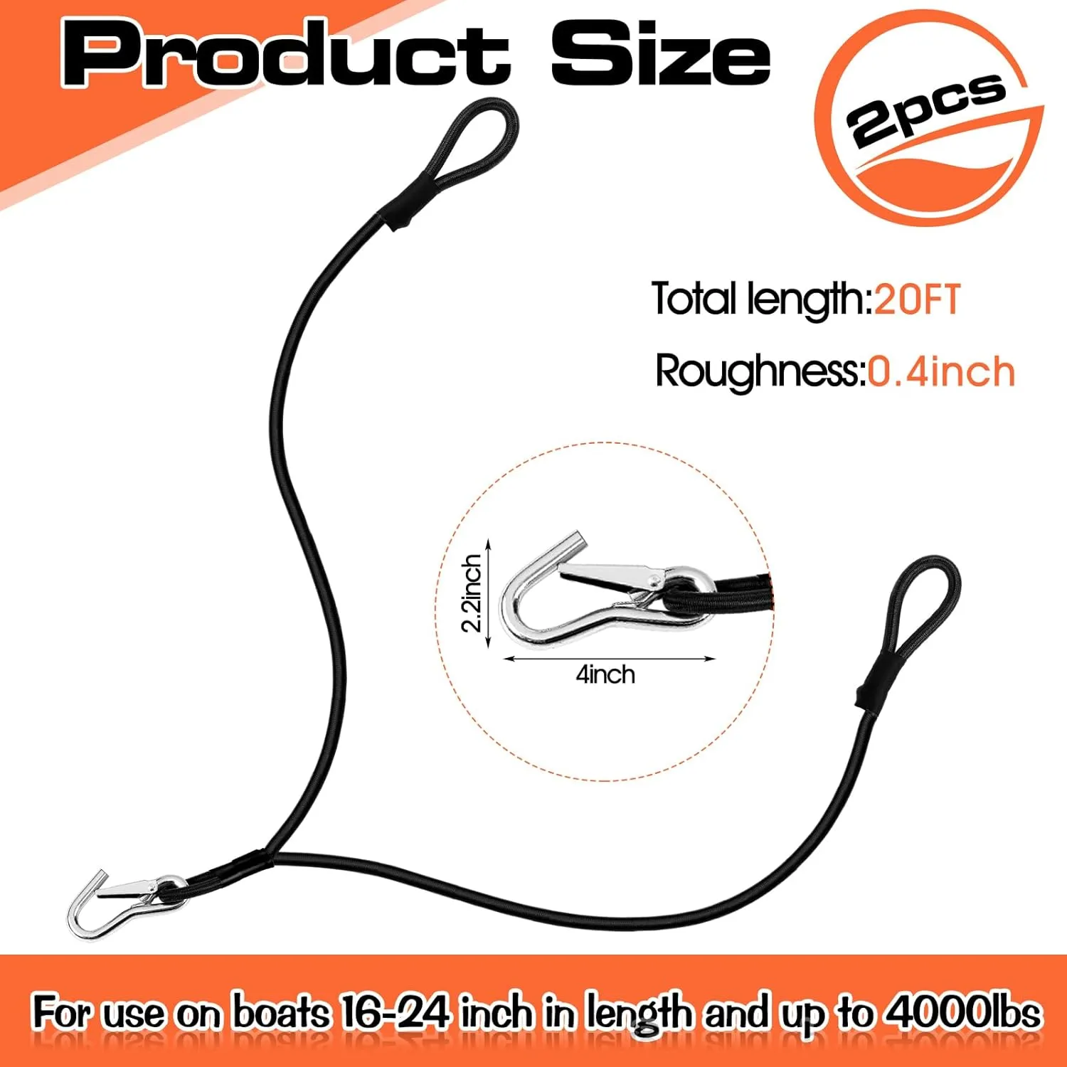 2 Pcs 20ft Bungee Dock Lines, Boat Dock Rope, Mooring Rope, Double Heavy Duty Line for Anchor, Boat Accessories with Stainless Clip for Pontoon Kayak Protection Boating Gifts for Men