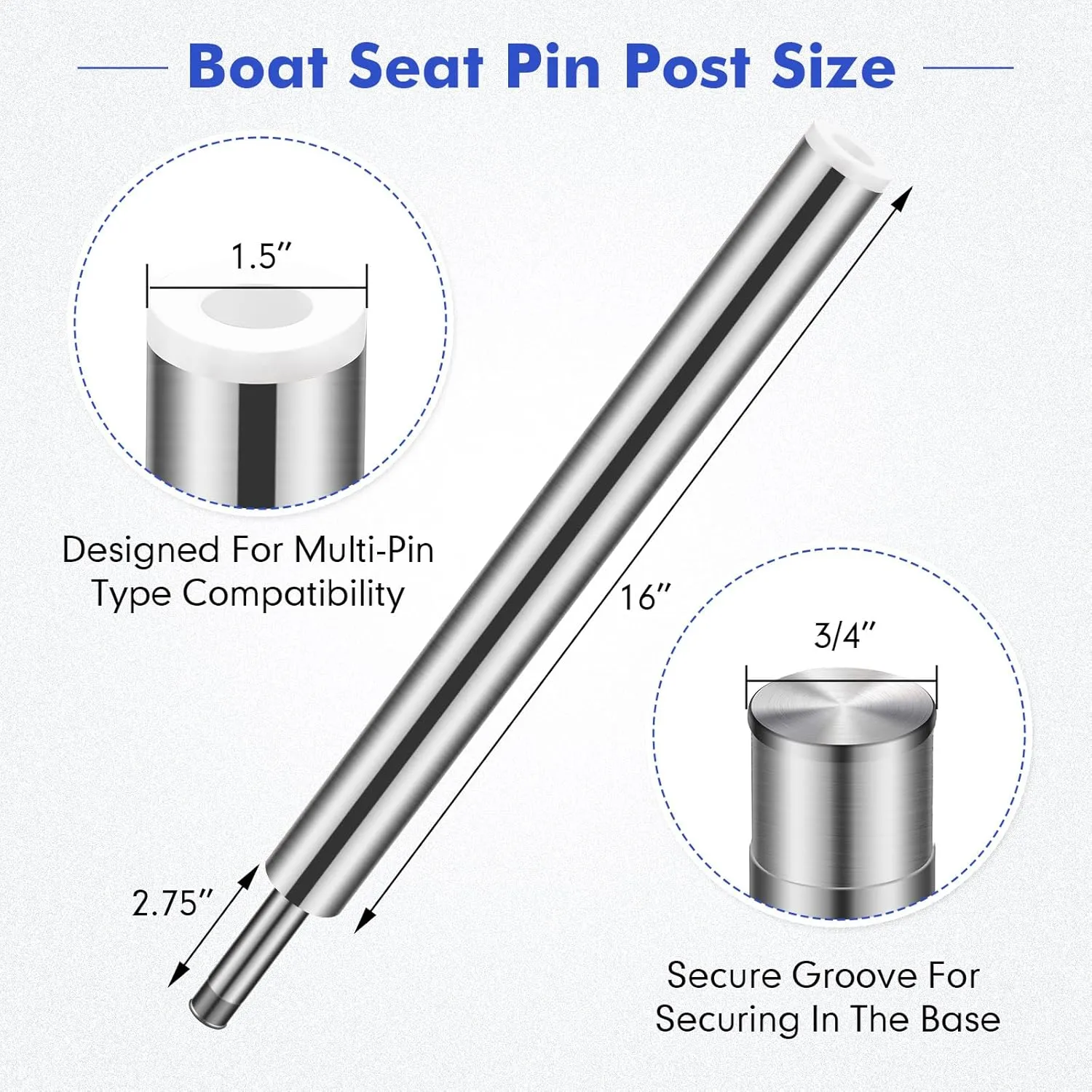 2 Pcs 3/4" Boat Seat Pin Post Compatible with Seat Pedestals and Bases Aluminum Extension Post Pole for Marine Pontoon Fishing Bass Boat, Non Threaded