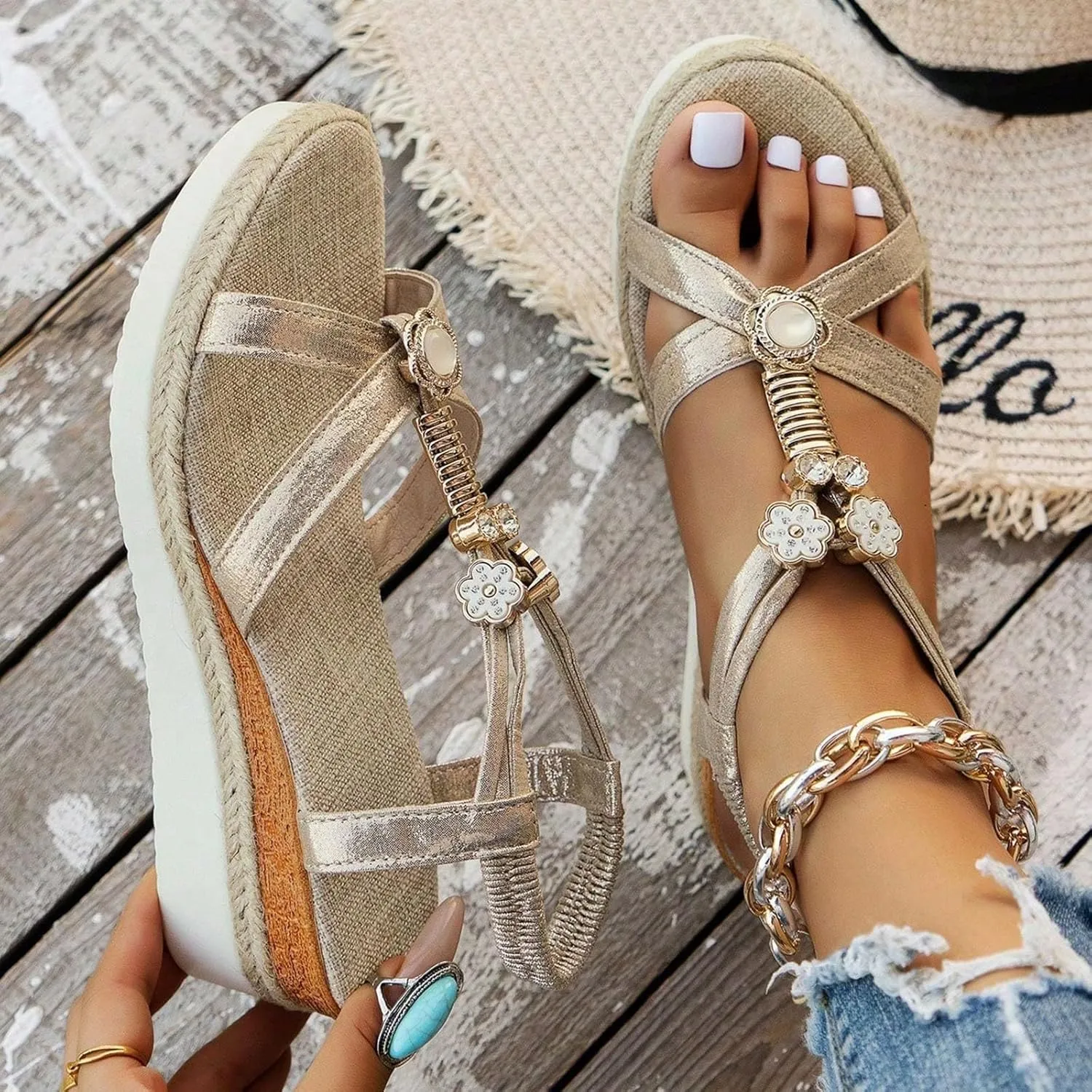 2025 Orthopedic Espadrille Wedge Sandals for Women Summer Open Toe Arch Support Platform Sandals Low Wedges Boho Glitter Comfortable Breathable Shoes for Beach Party Outdoor Indoor