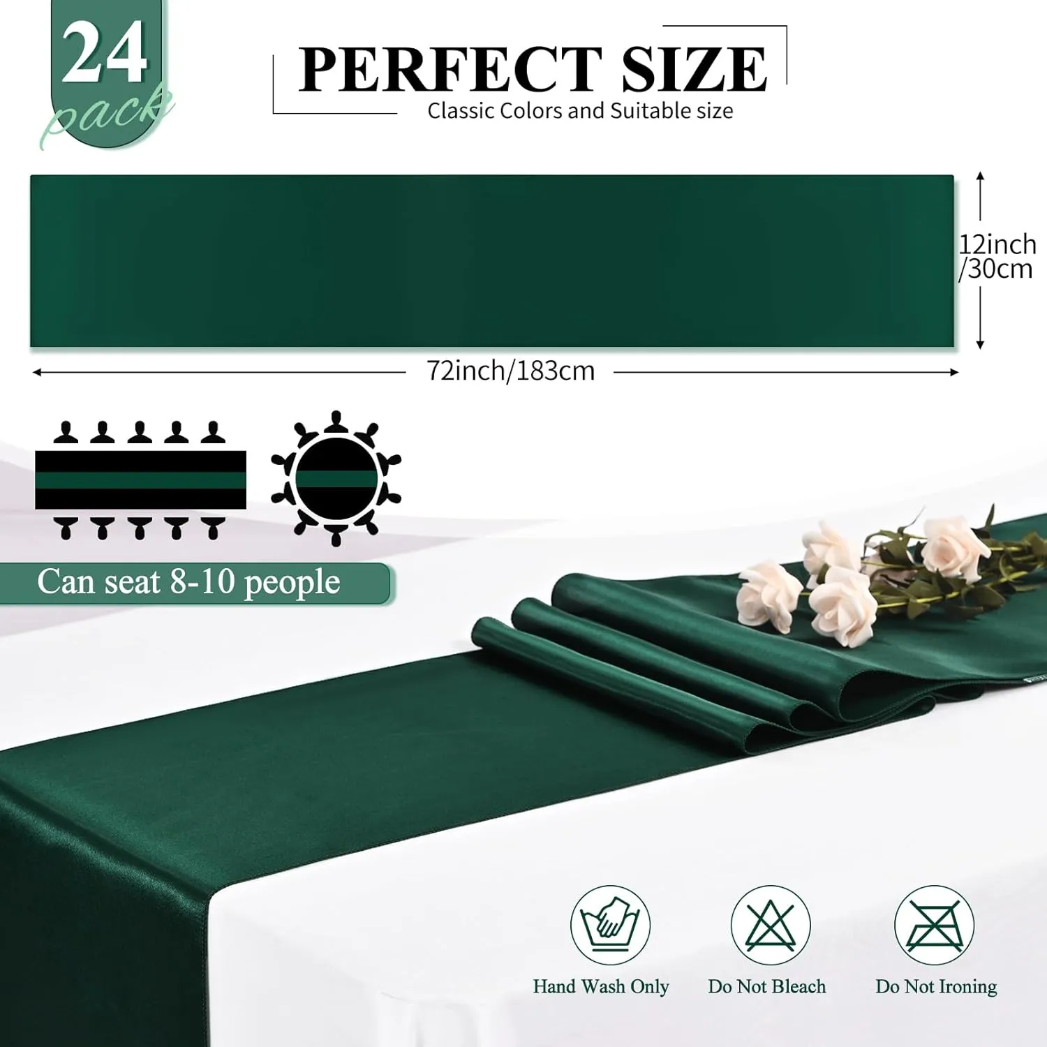 24 Pack Forest Green Satin Table Runners 12 x 72 Inch Long Bright Silk Smooth Fabric Forest Green Table Runners for Party Wedding Reception Birthday Banquet Decoration