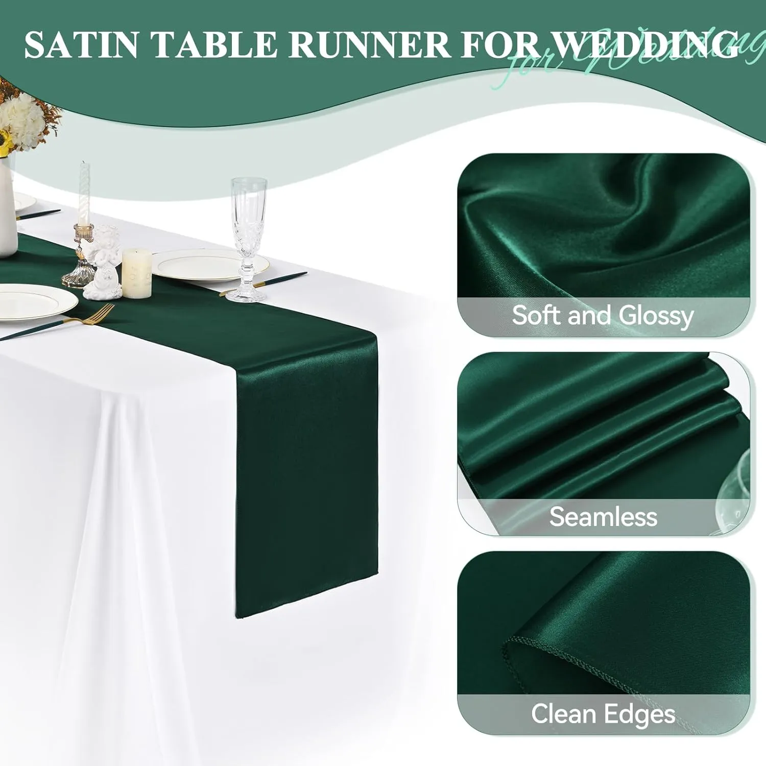 24 Pack Forest Green Satin Table Runners 12 x 72 Inch Long Bright Silk Smooth Fabric Forest Green Table Runners for Party Wedding Reception Birthday Banquet Decoration