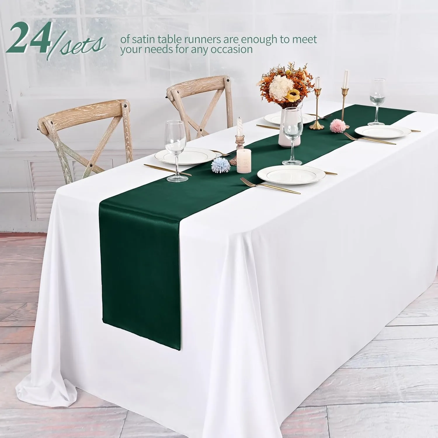 24 Pack Forest Green Satin Table Runners 12 x 72 Inch Long Bright Silk Smooth Fabric Forest Green Table Runners for Party Wedding Reception Birthday Banquet Decoration