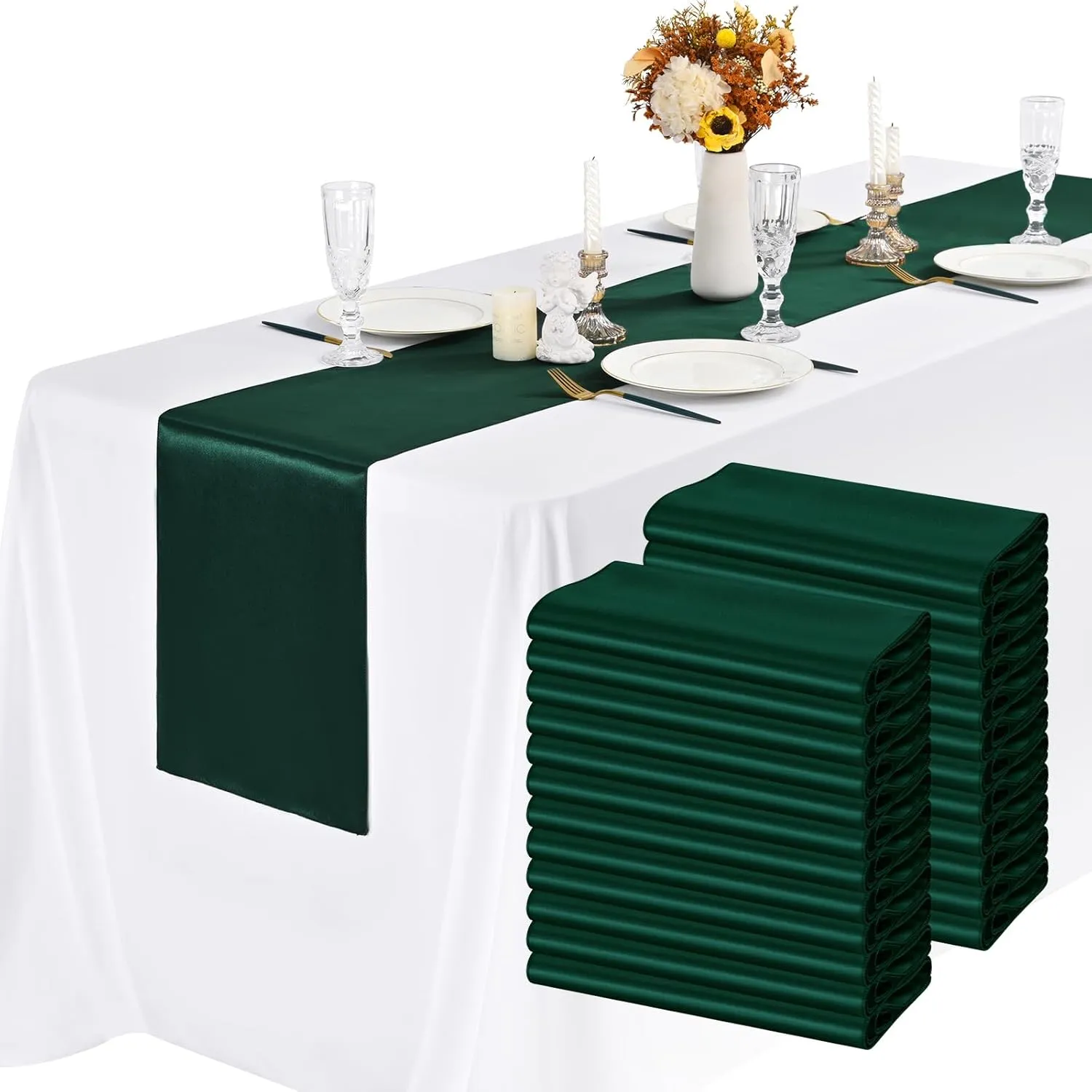 24 Pack Forest Green Satin Table Runners 12 x 72 Inch Long Bright Silk Smooth Fabric Forest Green Table Runners for Party Wedding Reception Birthday Banquet Decoration