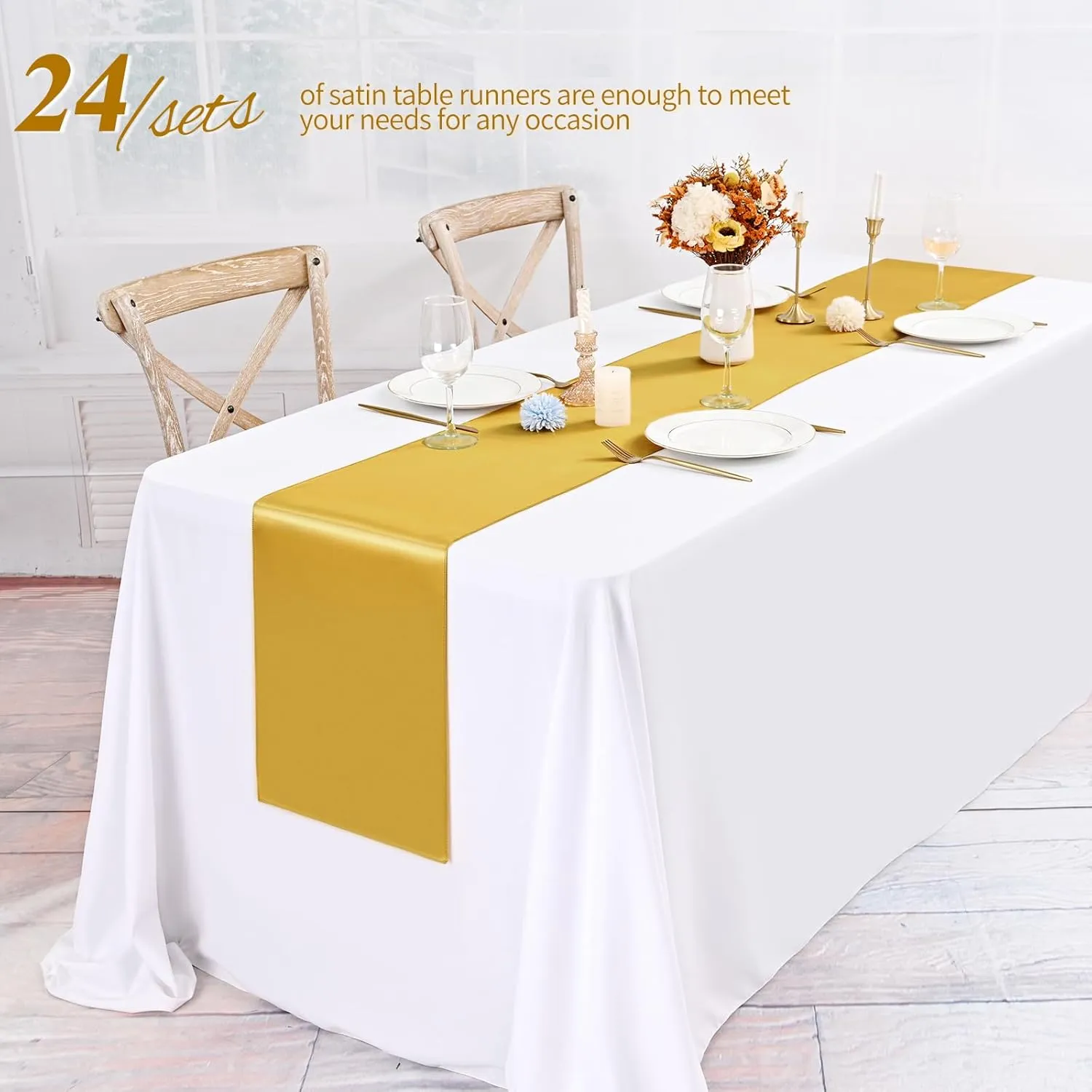 24 Pack Gold Satin Table Runners 12 x 72 Inch Long Bright Silk Smooth Fabric Gold Table Runners for Party Wedding Reception Birthday Banquet Decoration