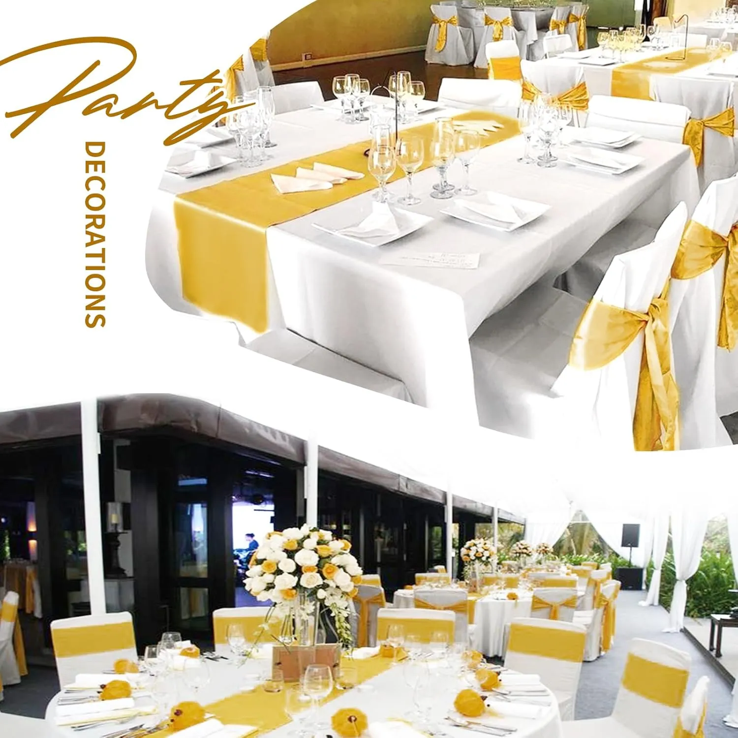 24 Pack Gold Satin Table Runners 12 x 72 Inch Long Bright Silk Smooth Fabric Gold Table Runners for Party Wedding Reception Birthday Banquet Decoration