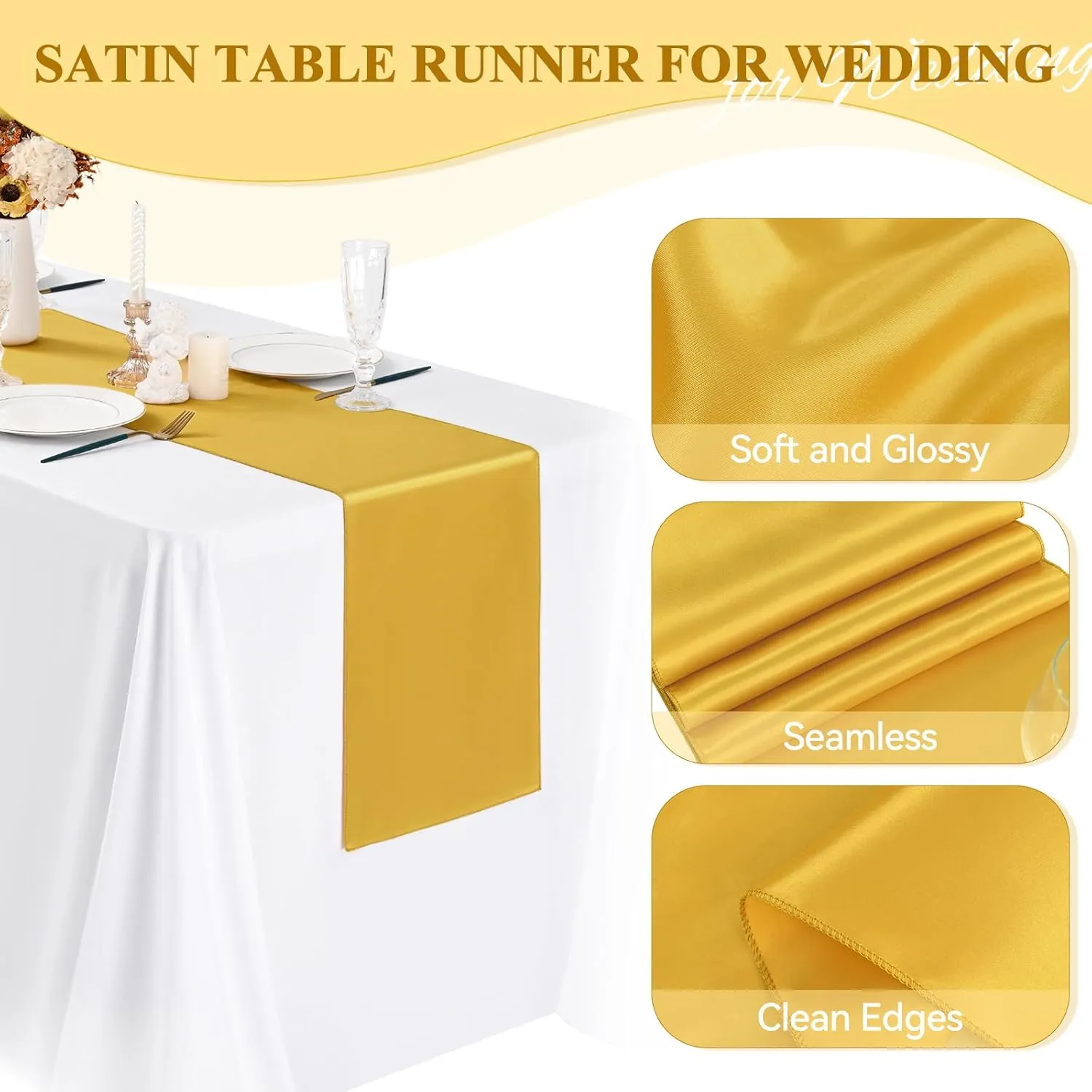 24 Pack Gold Satin Table Runners 12 x 72 Inch Long Bright Silk Smooth Fabric Gold Table Runners for Party Wedding Reception Birthday Banquet Decoration