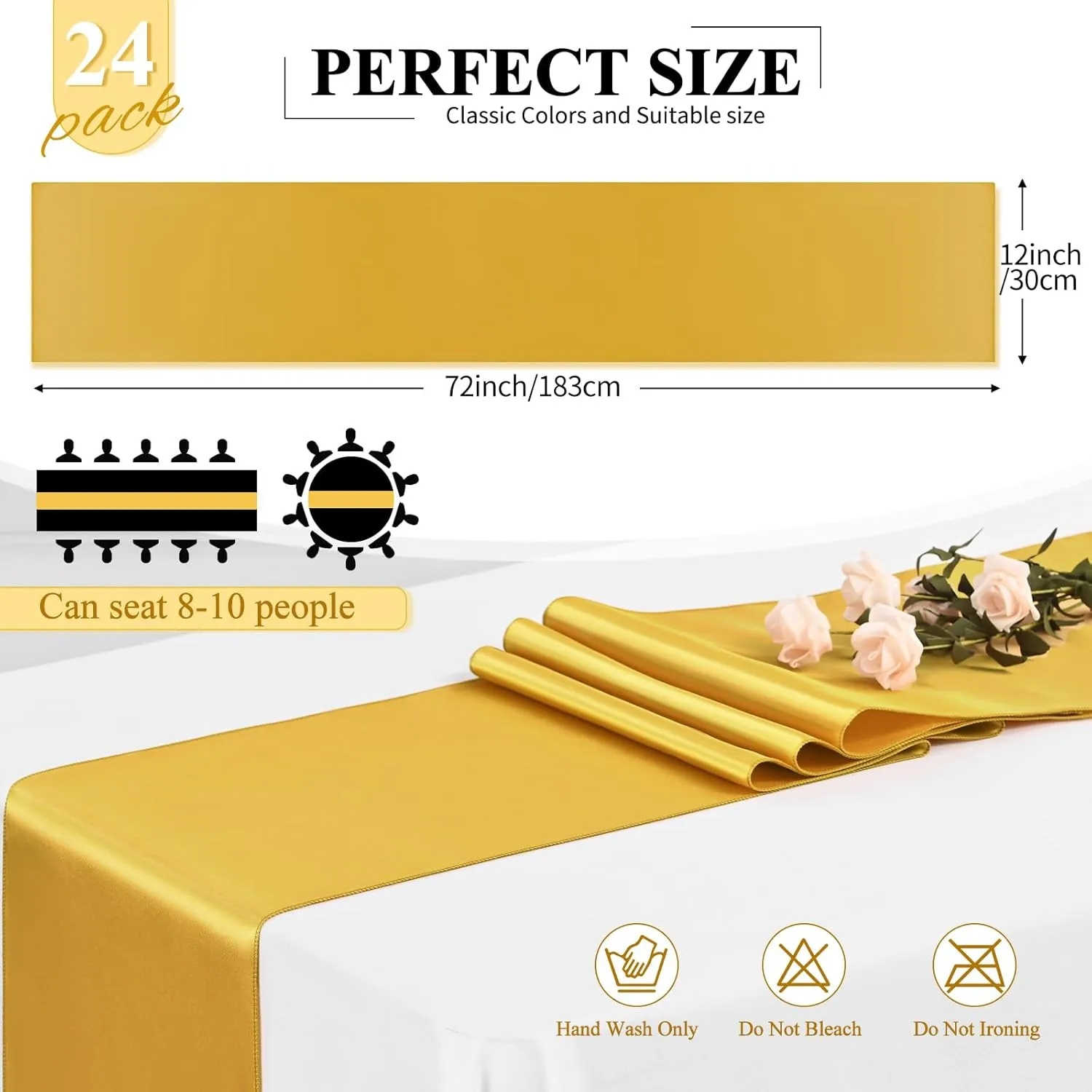 24 Pack Gold Satin Table Runners 12 x 72 Inch Long Bright Silk Smooth Fabric Gold Table Runners for Party Wedding Reception Birthday Banquet Decoration