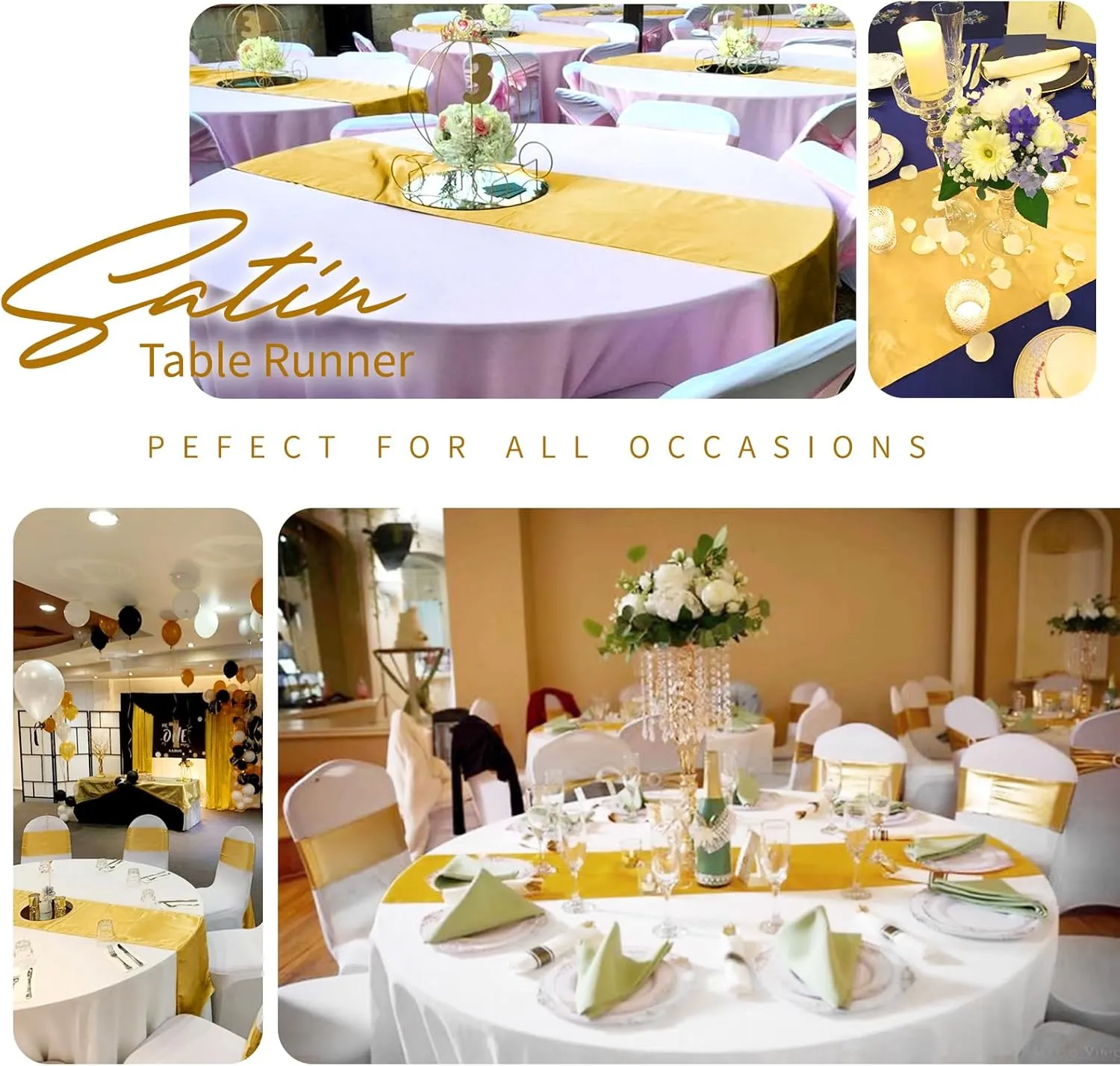 24 Pack Gold Satin Table Runners 12 x 72 Inch Long Bright Silk Smooth Fabric Gold Table Runners for Party Wedding Reception Birthday Banquet Decoration