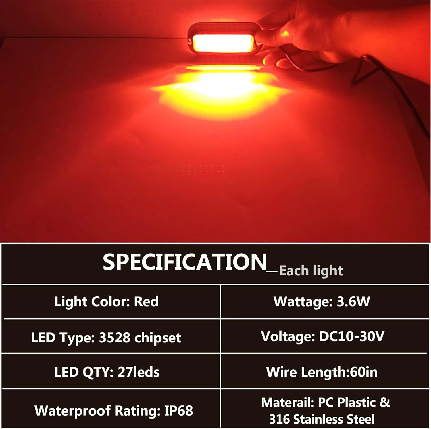 2Pcs 27 LEDs Red Marine Boat Lights,IP68 Waterproof Underwater Boat Trailer Light Pontoon Boat Transom Lights Stern Navigation Light Boat Interior Deck Lights 10-30V DC