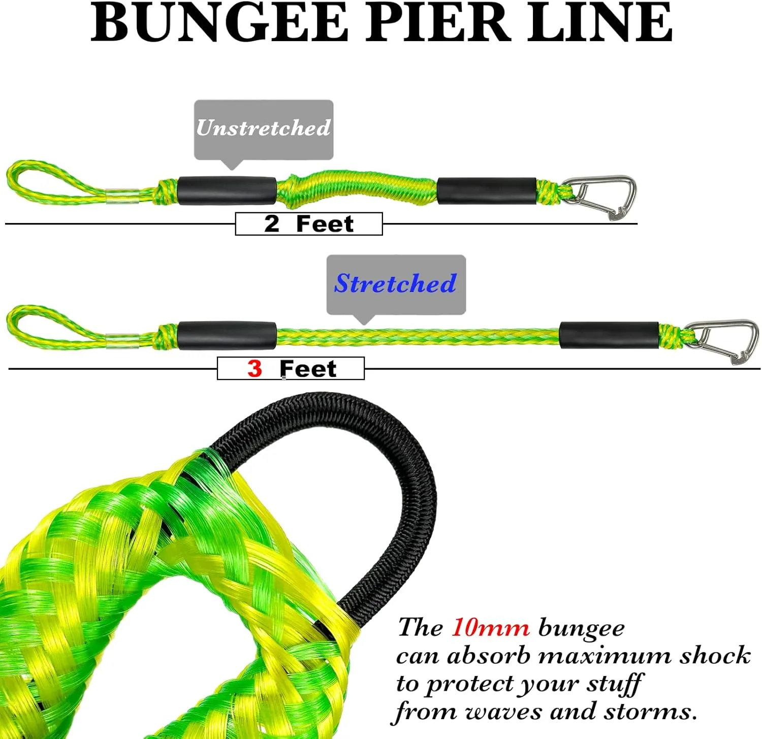 2PCS Fender Lines 2 Feet Premium Bungee Boat Lines with 316 Stainless Clip for Boat Bumper/Boat Fender Boat Accessories for Mooring for Jet Ski, SeaDoo, Dinghy (Green&Yellow, 2 Feet)