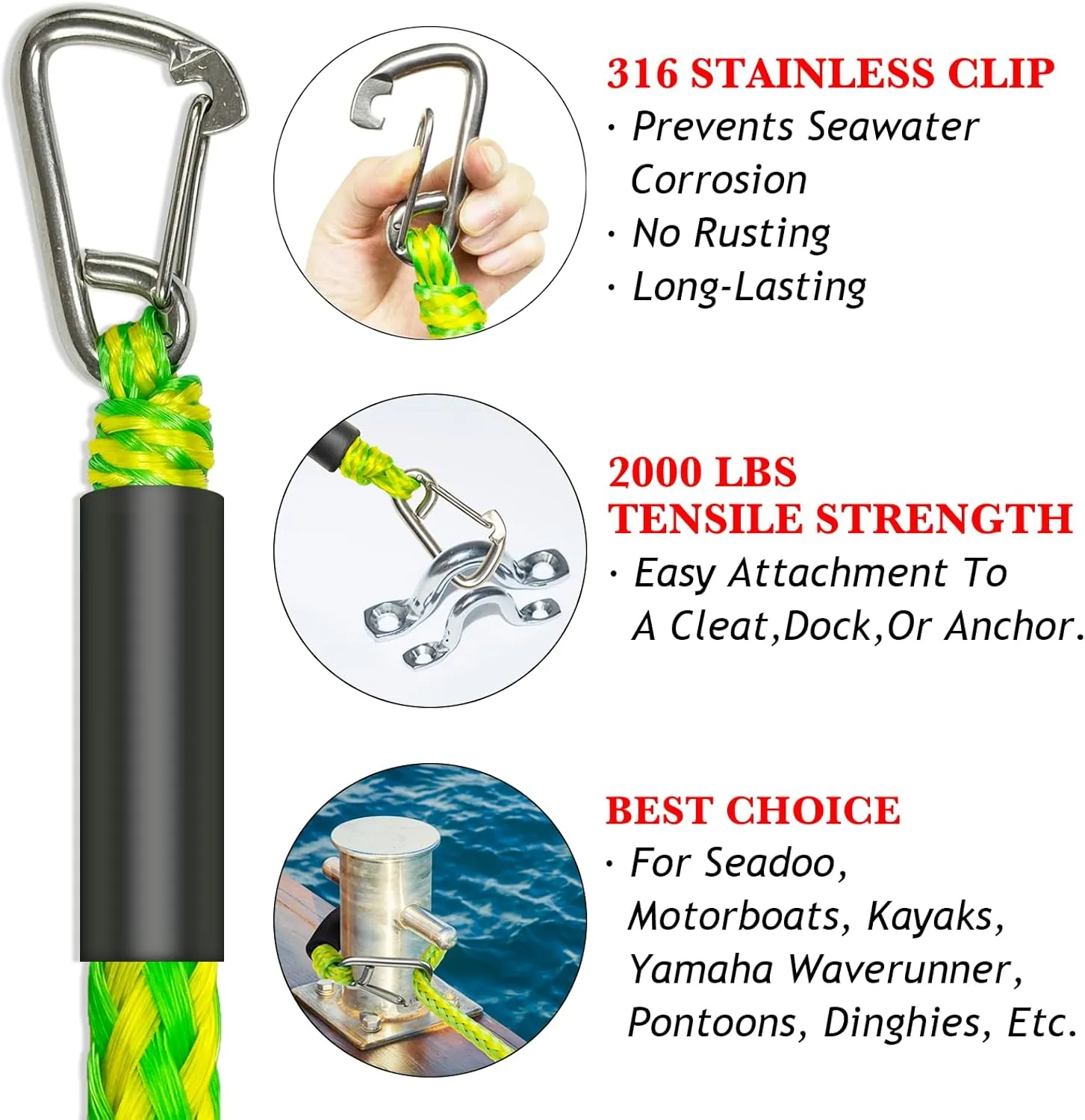 2PCS Fender Lines 2 Feet Premium Bungee Boat Lines with 316 Stainless Clip for Boat Bumper/Boat Fender Boat Accessories for Mooring for Jet Ski, SeaDoo, Dinghy (Green&Yellow, 2 Feet)