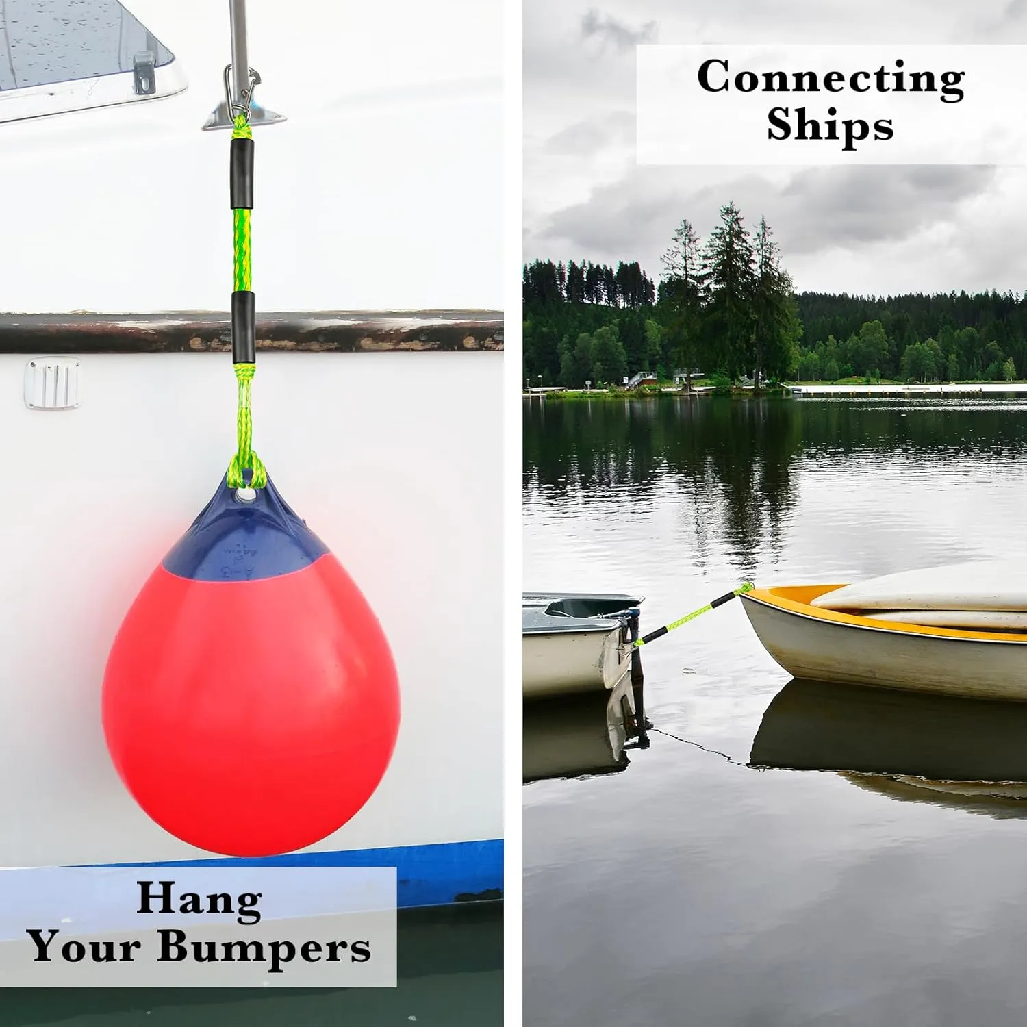 2PCS Fender Lines 2 Feet Premium Bungee Boat Lines with 316 Stainless Clip for Boat Bumper/Boat Fender Boat Accessories for Mooring for Jet Ski, SeaDoo, Dinghy (Green&Yellow, 2 Feet)