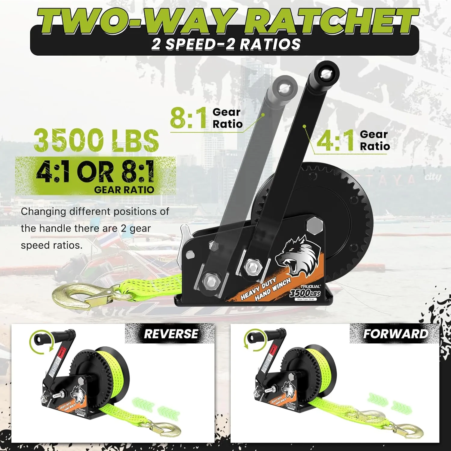 3500lbs Heavy Duty Boat Trailer Winch with 33FT Strap, 2-Way Ratchet 4:1/8:1 Gear, Portable Hand Crank Winch for Boat, Truck, Trailer, RV, ATV, Jet Ski