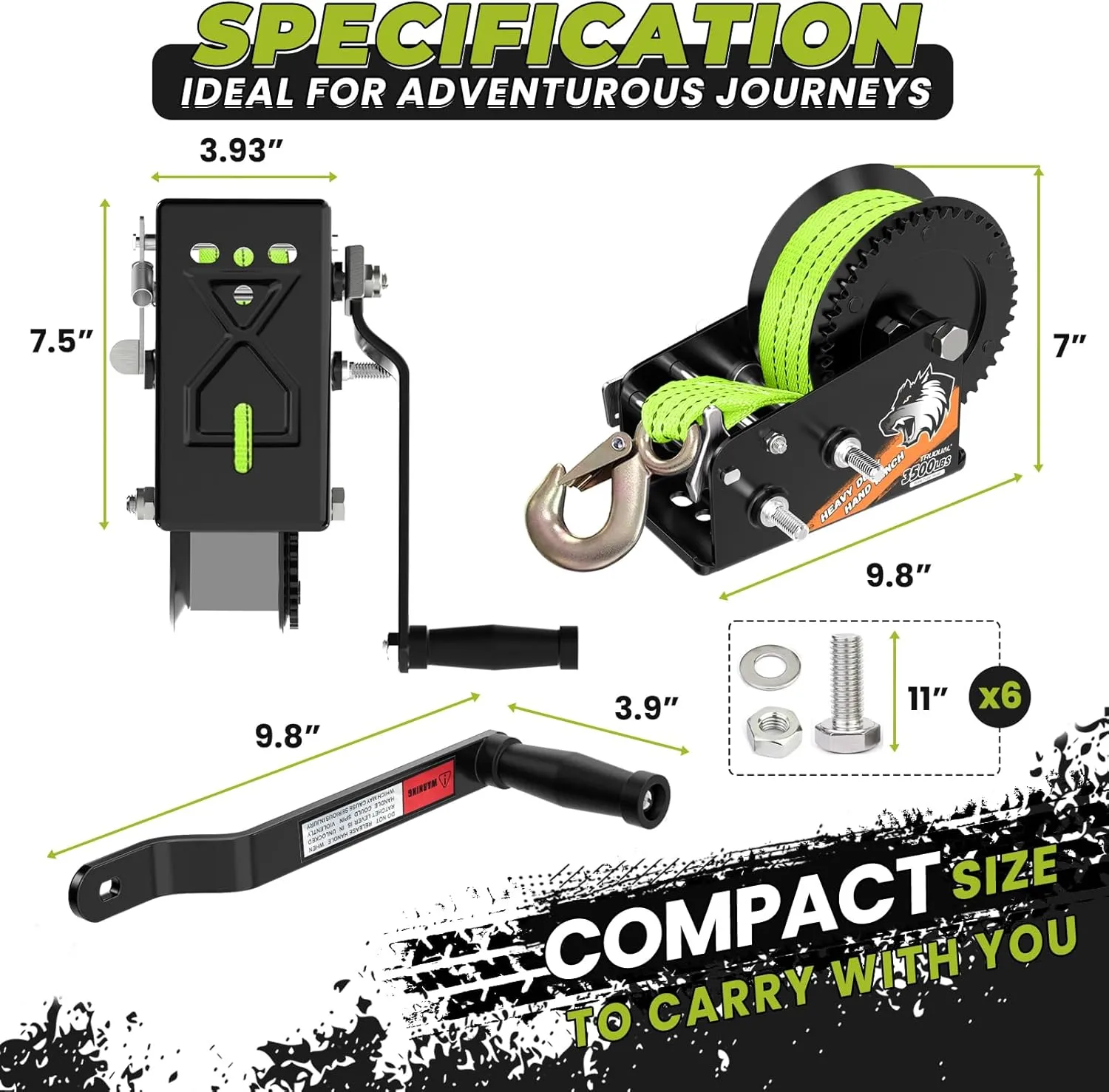 3500lbs Heavy Duty Boat Trailer Winch with 33FT Strap, 2-Way Ratchet 4:1/8:1 Gear, Portable Hand Crank Winch for Boat, Truck, Trailer, RV, ATV, Jet Ski