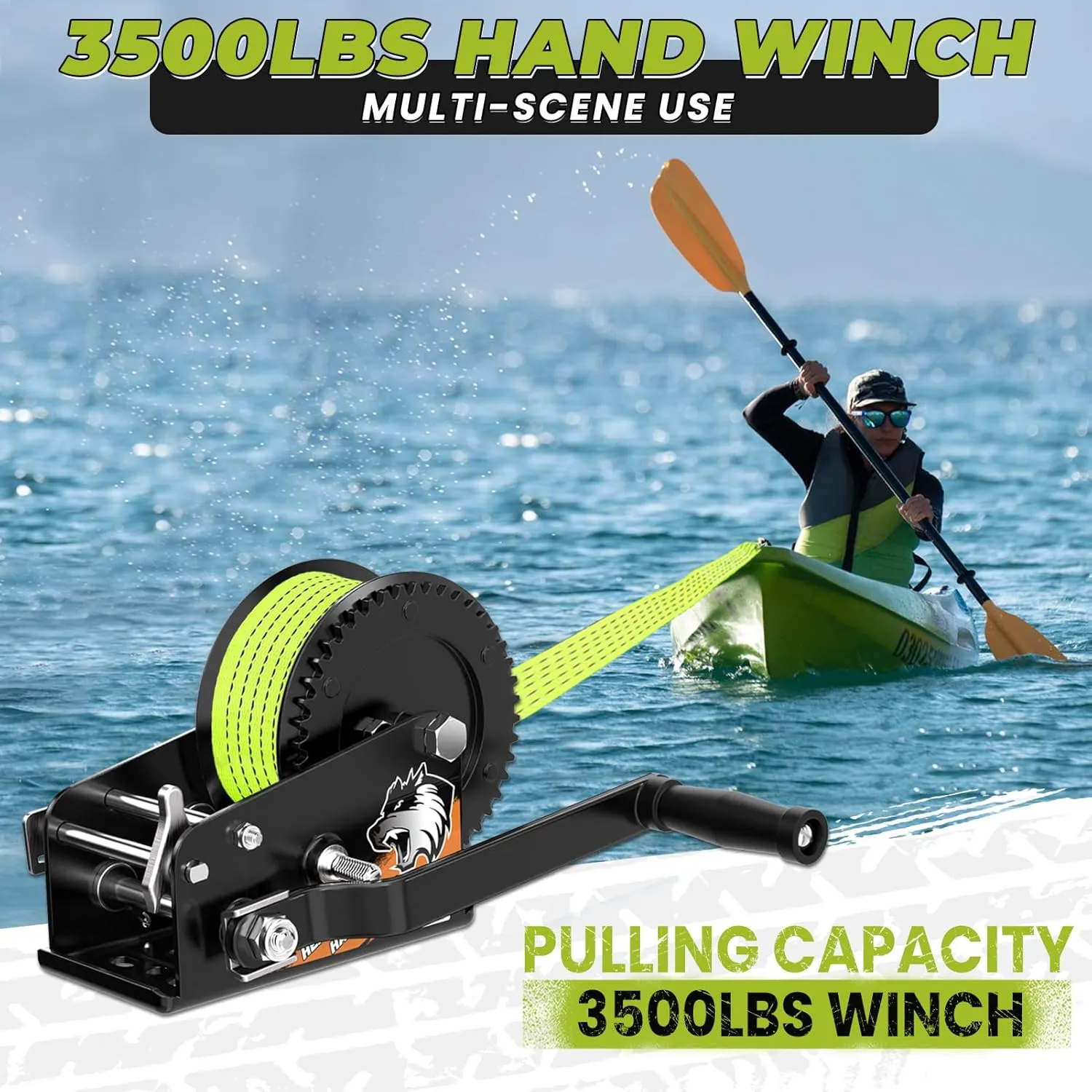 3500lbs Heavy Duty Boat Trailer Winch with 33FT Strap, 2-Way Ratchet 4:1/8:1 Gear, Portable Hand Crank Winch for Boat, Truck, Trailer, RV, ATV, Jet Ski