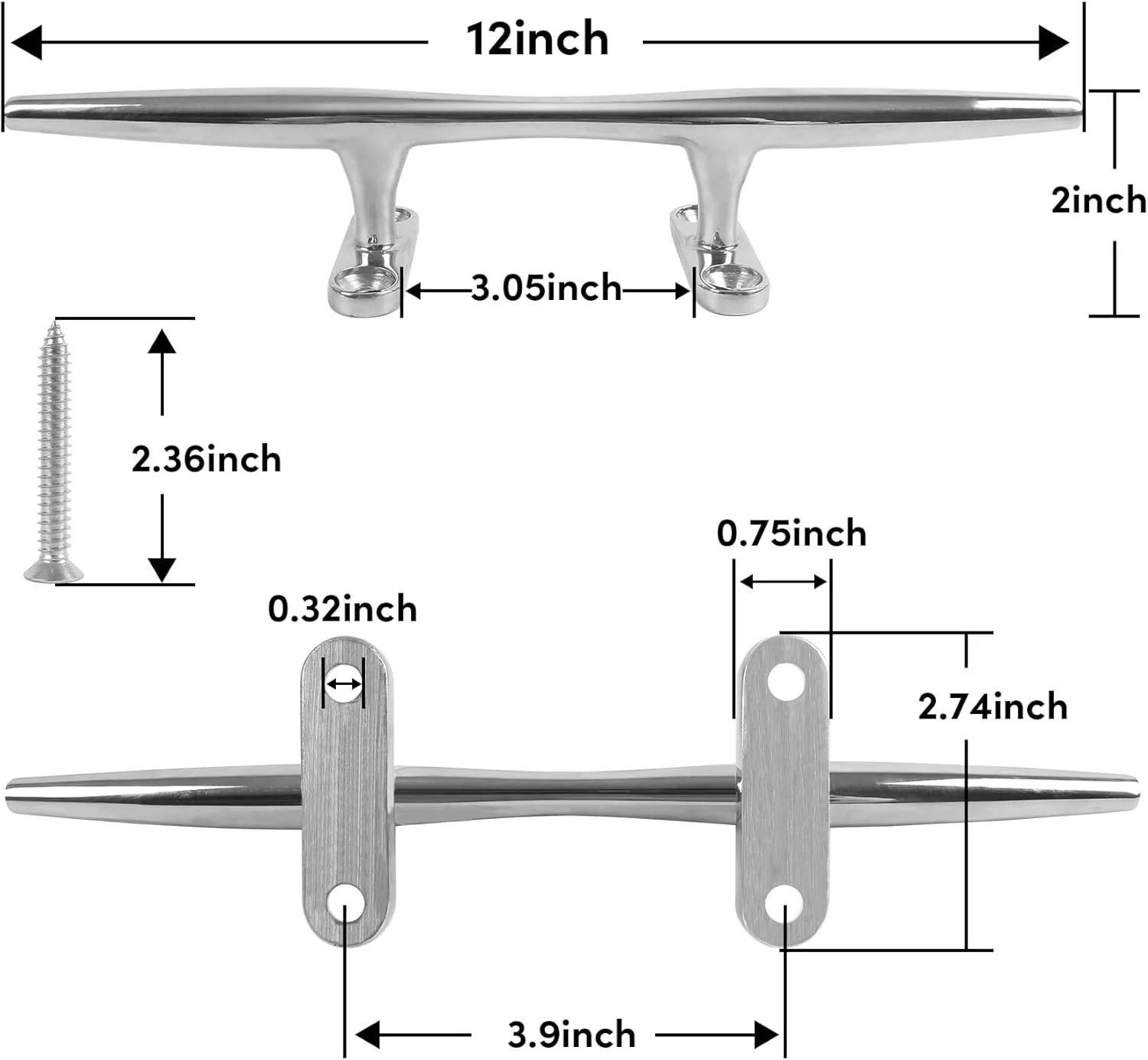 4 Inch/5 Inch/6 Inch/8 Inch/10 Inch/12 Inch 316 Stainless Steel Boat Cleats, Open Base Dock Cleats with Fasteners, Boat Dock Cleats Rope Cleat for Boat Docks, Decks or Nautical Decor (2/4 Pack)