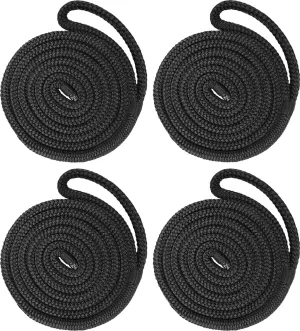 4 Pack 1/2" x 6' Boat Fender Lines - Marine Grade Nylon Boat Rope with 6" Loop for Tying Fenders and Docking Small Boats - Double Braided Dock Lines, Easy Handling, Fray Resistant - Black
