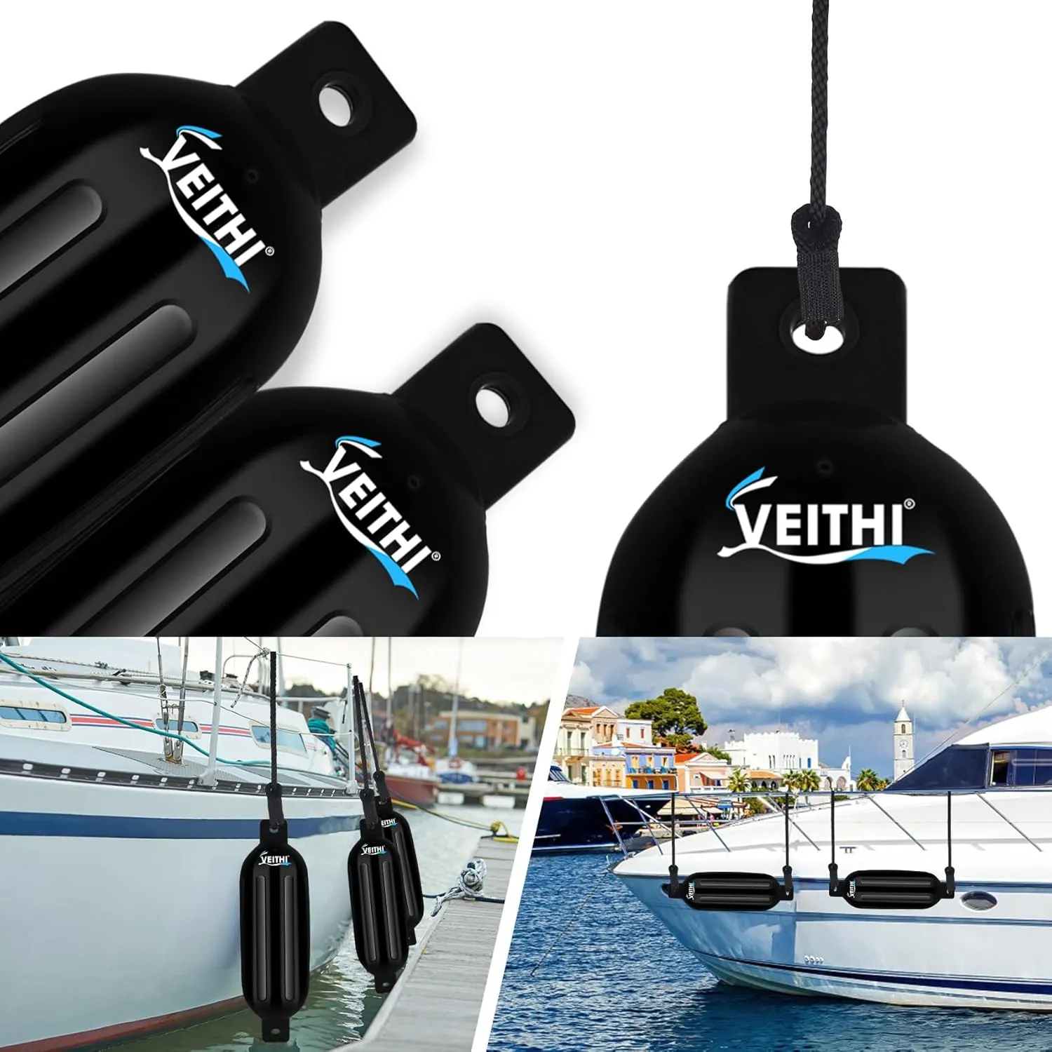 4.5/5.5/6.5/8.5/10/16 inch Boat Fenders 4 Pack,Ribbed Twin Eyes Vinyl Boat Bumpers Fenders,Boat Bumpers for Docking Come with Ropes Needles and Pump to Inflate