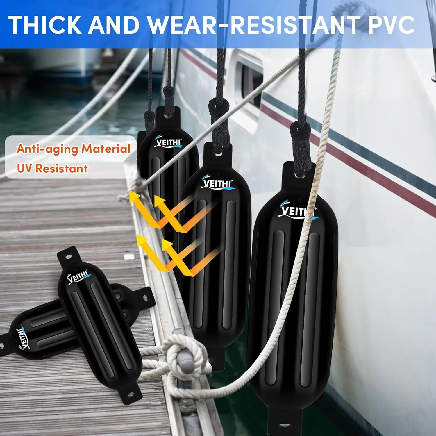 4.5/5.5/6.5/8.5/10/16 inch Boat Fenders 4 Pack,Ribbed Twin Eyes Vinyl Boat Bumpers Fenders,Boat Bumpers for Docking Come with Ropes Needles and Pump to Inflate