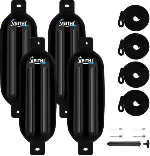 4.5/5.5/6.5/8.5/10/16 inch Boat Fenders 4 Pack,Ribbed Twin Eyes Vinyl Boat Bumpers Fenders,Boat Bumpers for Docking Come with Ropes Needles and Pump to Inflate